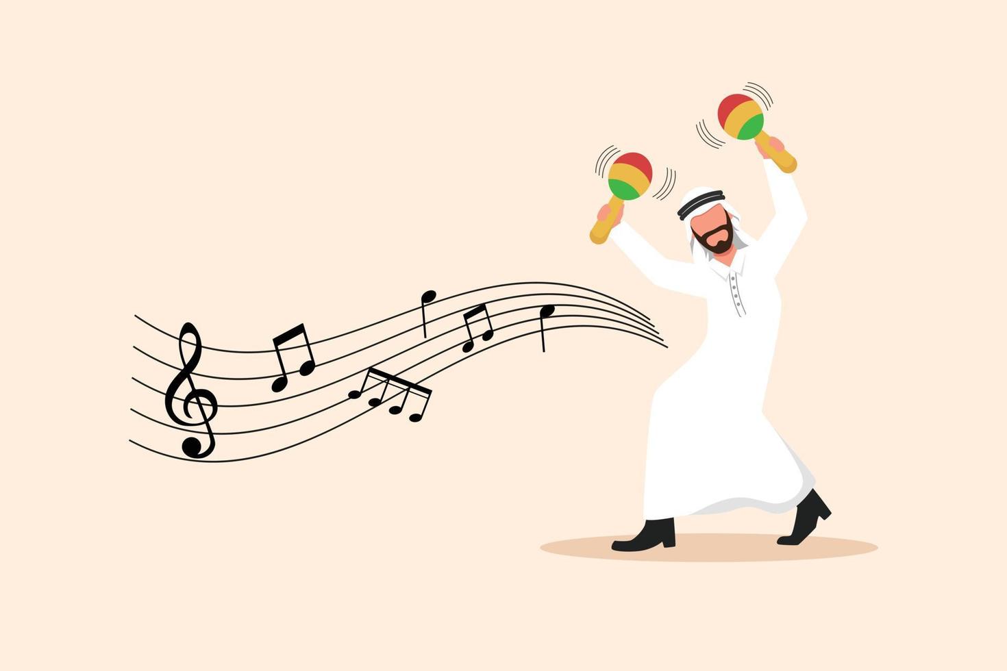 Business design drawing Arabian man street band player mariachi plays maracas. Male performer with musical instruments, mariachi player at national festival. Flat cartoon character vector illustration