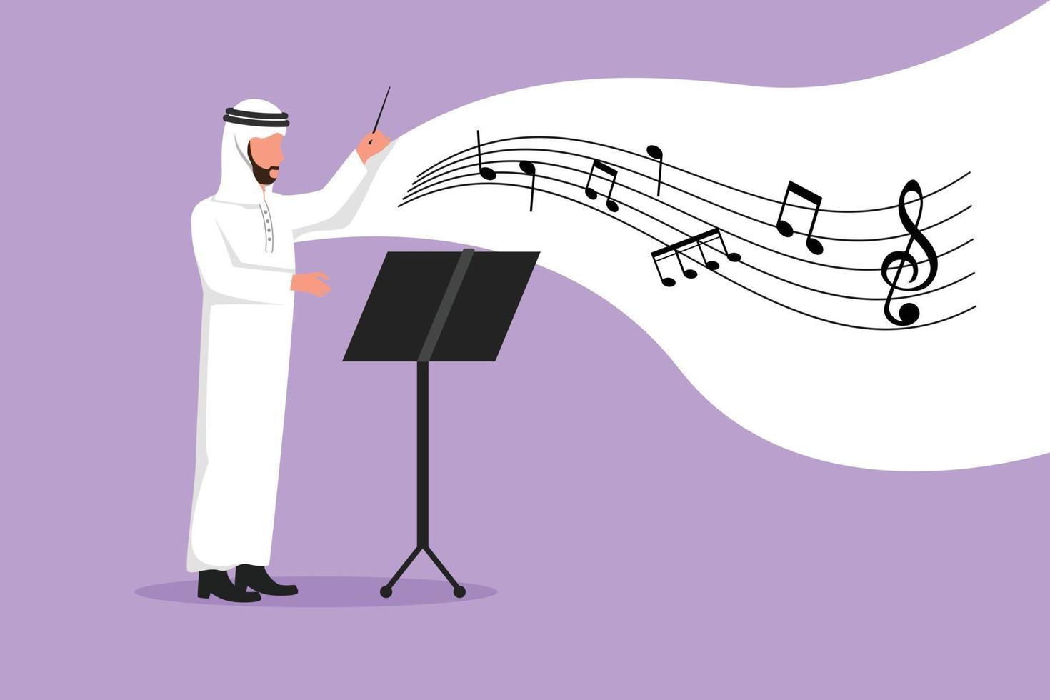 conductor de hombre árabe de dibujo de estilo de dibujos animados plana de negocios. el músico actúa en el escenario dirigiendo la orquesta sinfónica. interpretación de música clásica, conjunto instrumental. ilustración vectorial de diseño gráfico vector