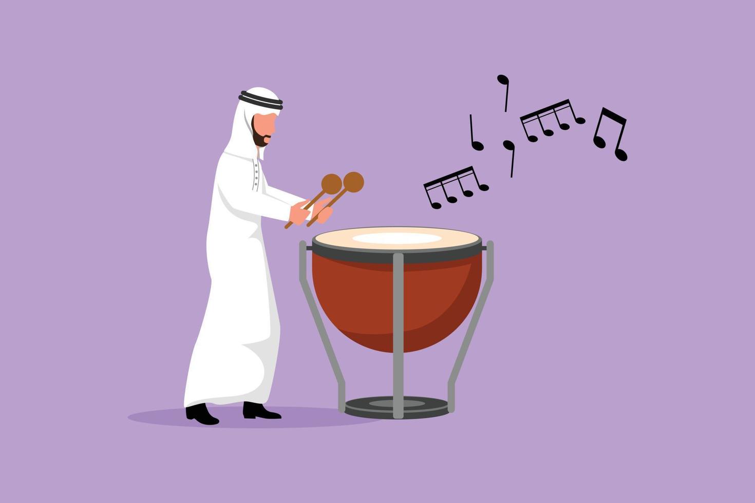 Business flat cartoon drawing Arabian male percussion player play on timpani. Man performer holding stick and playing musical instrument. Musical instrument timpani. Graphic design vector illustration