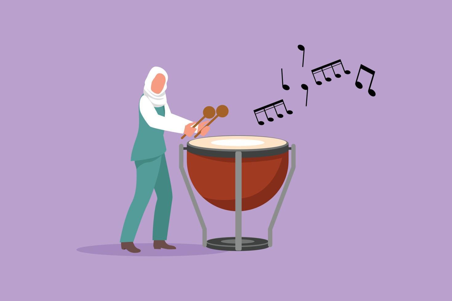 dibujo de personaje de estilo de dibujos animados plano de negocios joven percusionista árabe toca en timbales. mujer intérprete sosteniendo un palo y tocando un instrumento musical. ilustración vectorial de diseño gráfico vector