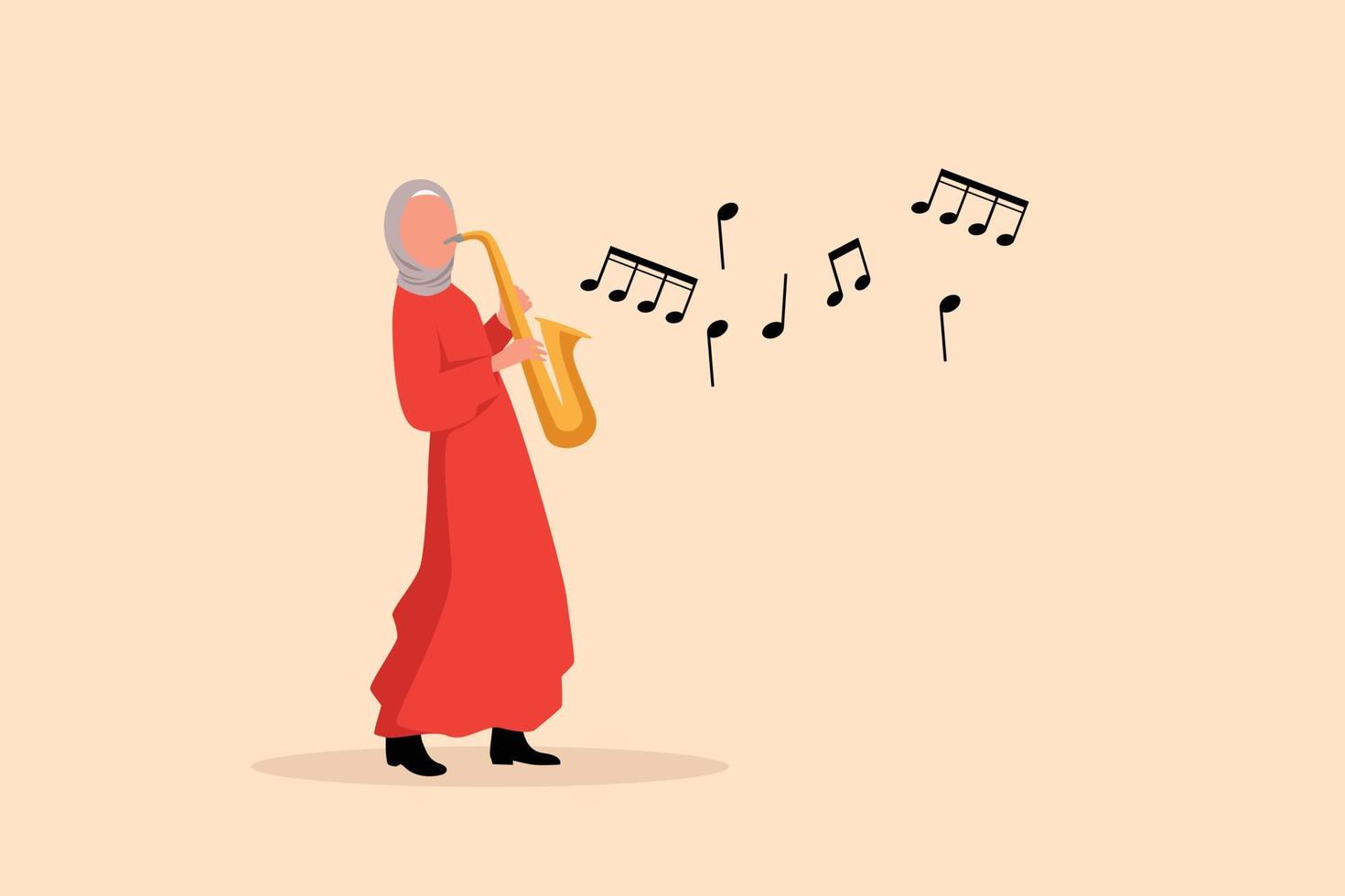 Business flat drawing Arabian saxophonist character. Jazz or blues musician, woman plays saxophone. Female performer in festival jazz music, jazz band performance. Cartoon design vector illustration