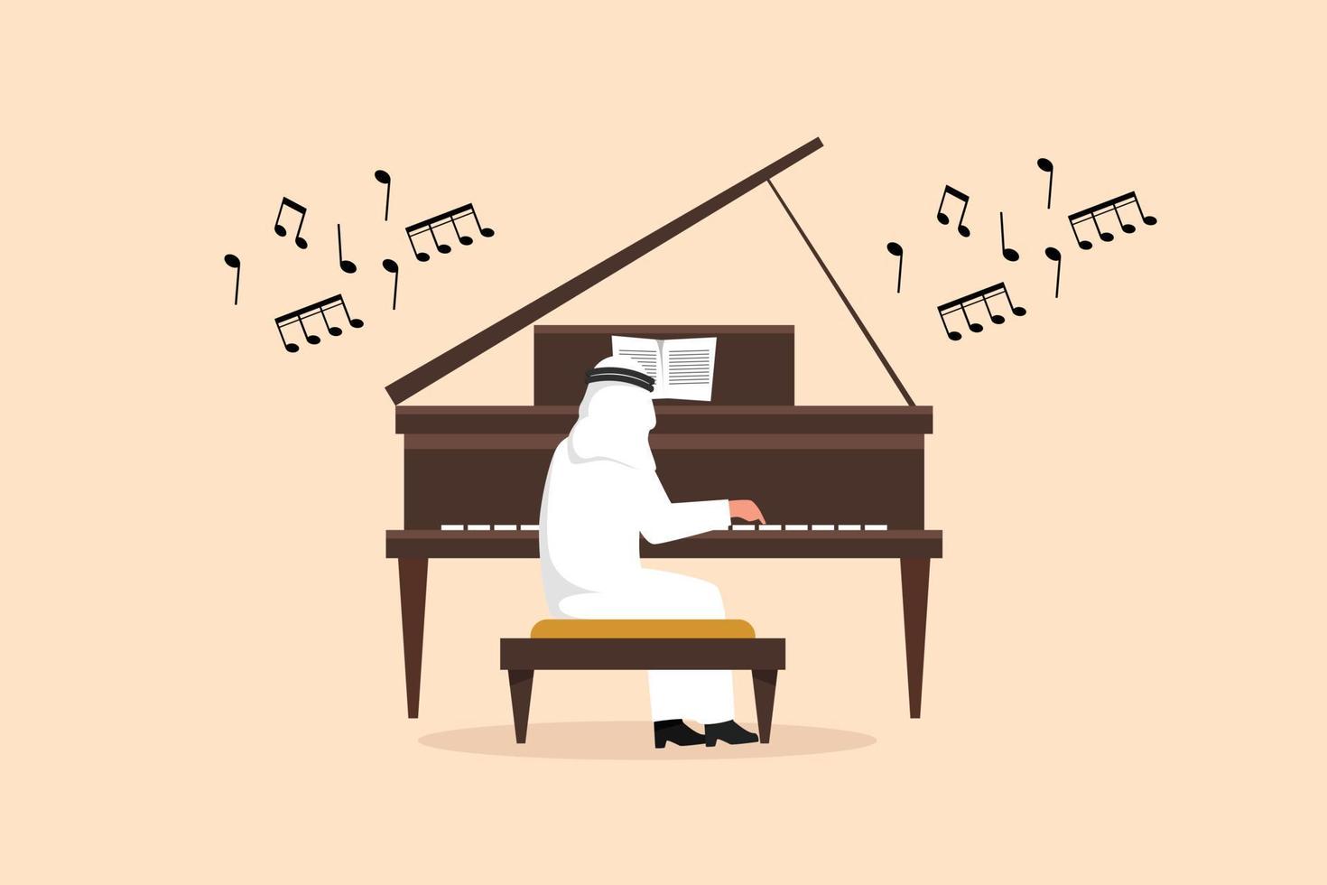 hombre árabe de dibujo plano de negocios tocando el piano. el intérprete masculino se sienta en un instrumento musical y toca jazz o blues. Músico profesional. persona actúa en el escenario. ilustración vectorial de diseño de dibujos animados vector