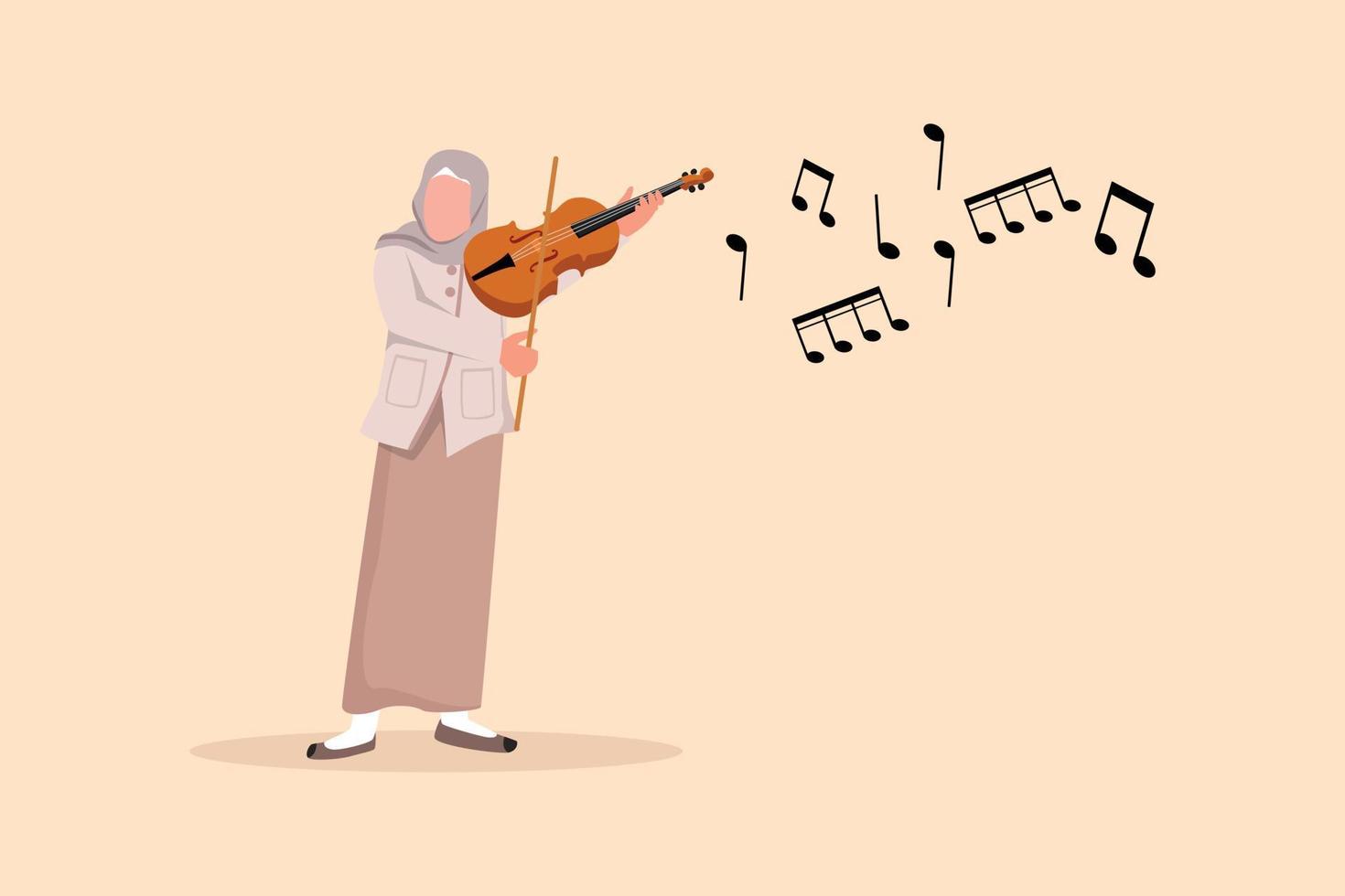 Business design drawing Arab woman musician playing violin. Classical music performer with musical instrument. Female musician playing violin at music festival. Flat cartoon style vector illustration