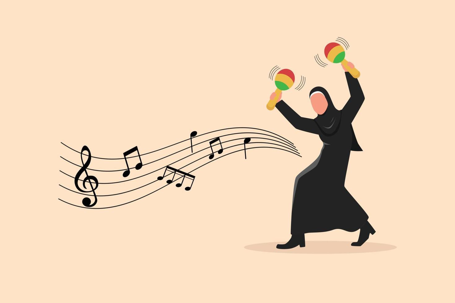 Business flat cartoon style drawing Arabian woman street band player plays maracas. Female performer with musical instruments, mariachi player at national festival. Graphic design vector illustration
