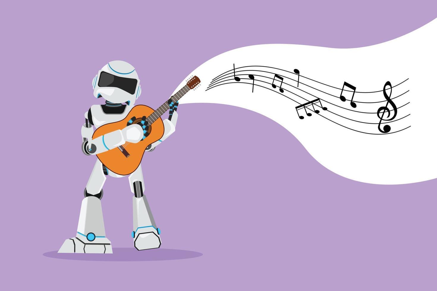 Graphic flat design drawing robot playing ukulele or small guitar and singing having fun. Robotic artificial intelligence character. Electronic technology industry. Cartoon style vector illustration