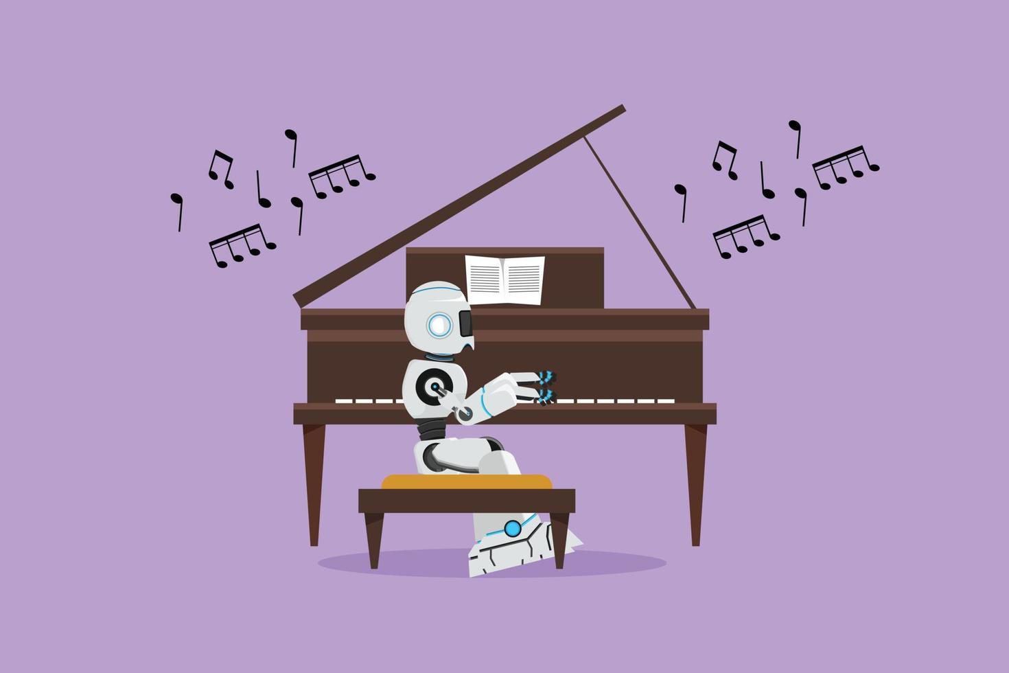 Graphic flat design drawing robot musician sitting and playing grand piano on stage. Modern robotic artificial intelligence. Electronic technology industry. Cartoon style character vector illustration