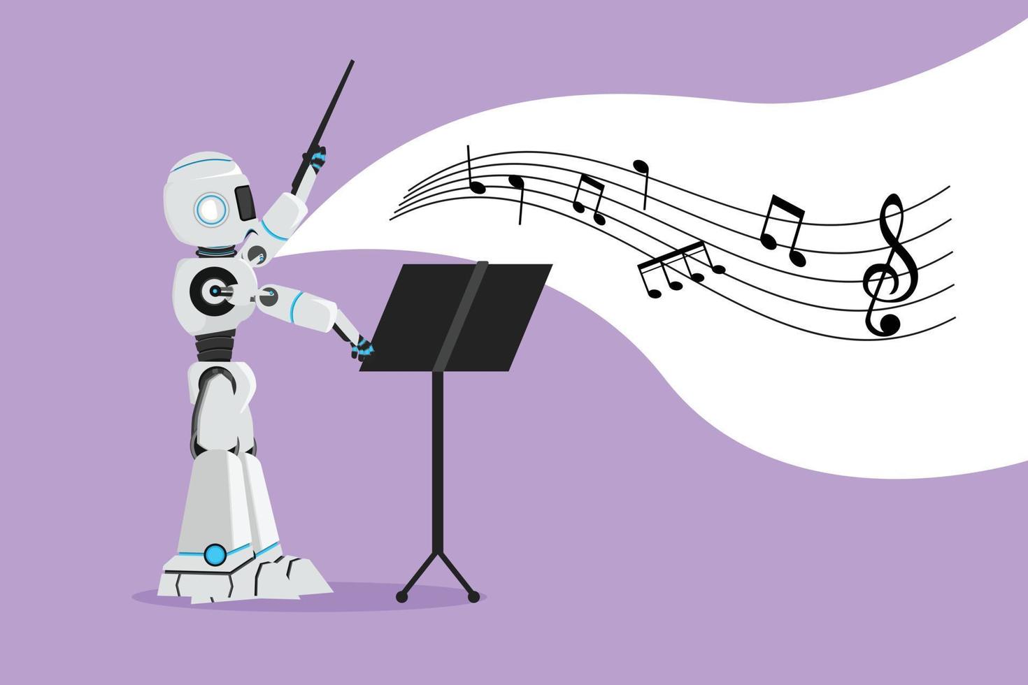 Graphic flat design drawing robot music conductor directing symphony orchestra. Future technology. Artificial intelligence and machine learning processes. Cartoon style character vector illustration