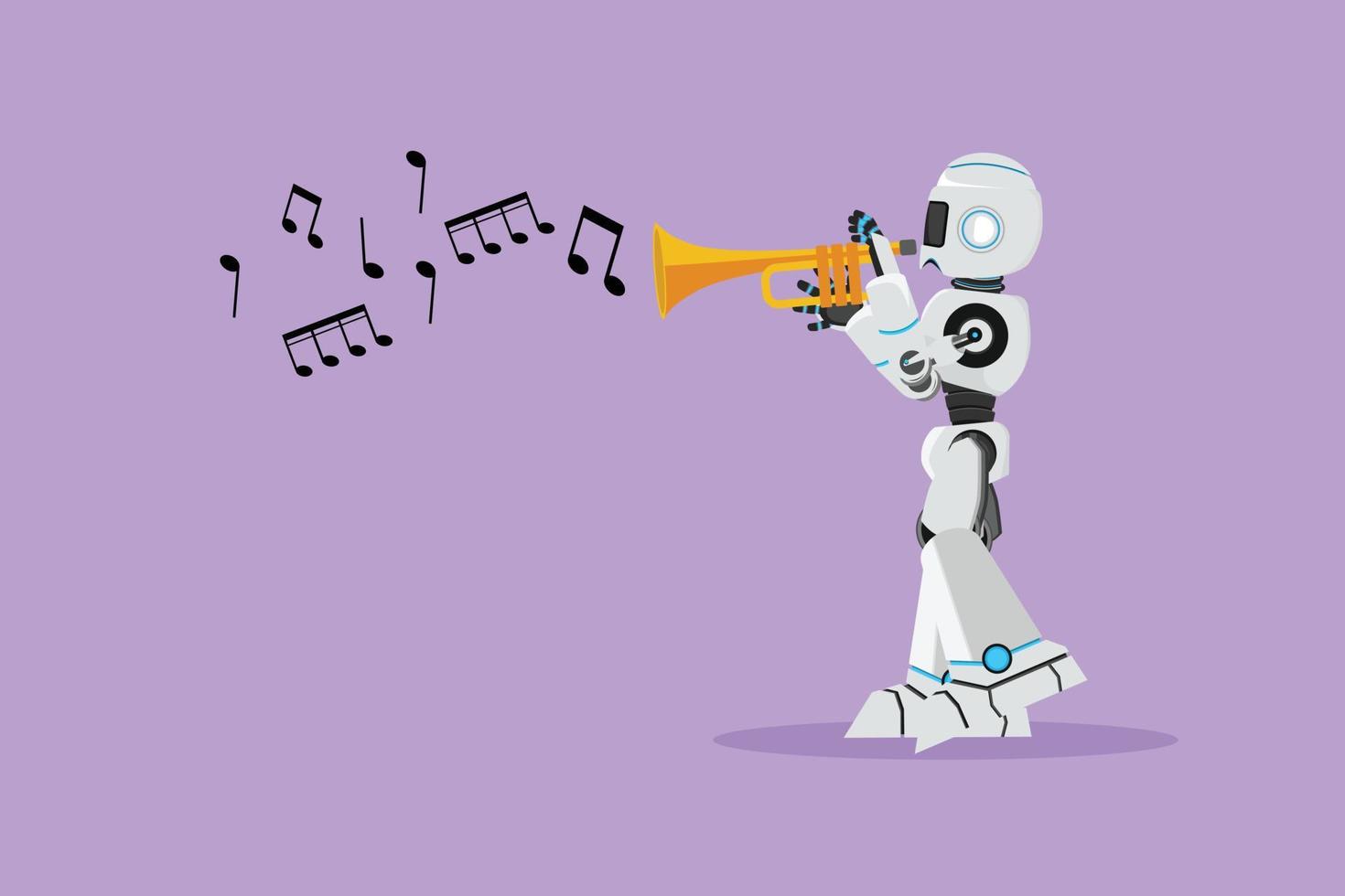 Flat cartoon style drawing robot playing trumpet at jazz music orchestra. Future robotic technology development. Artificial intelligence machine learning processes. Graphic design vector illustration