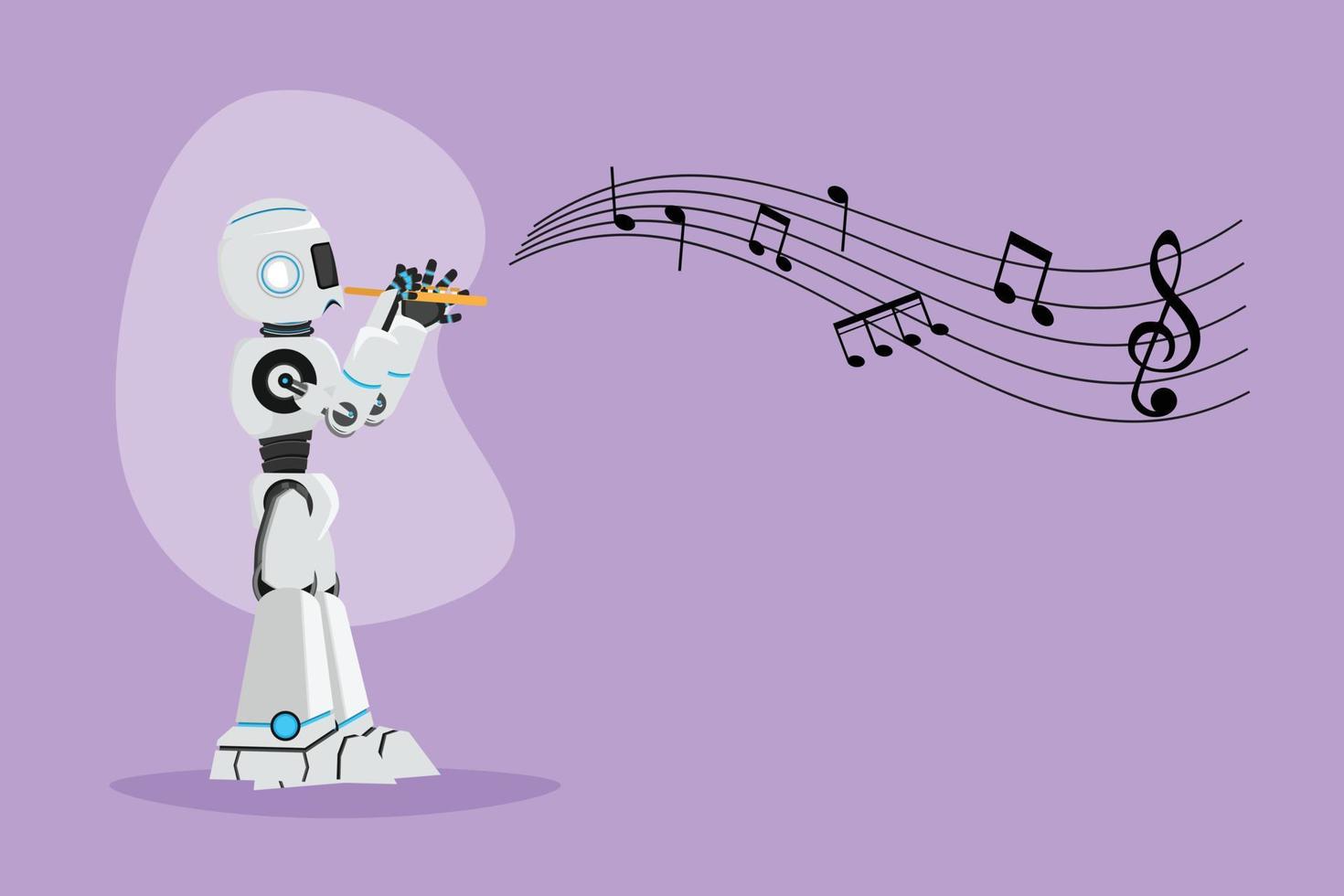 Graphic flat design drawing robot flutist performing classical music on wind instrument. Robotic artificial intelligence. Electronic technology industry. Cartoon style character vector illustration