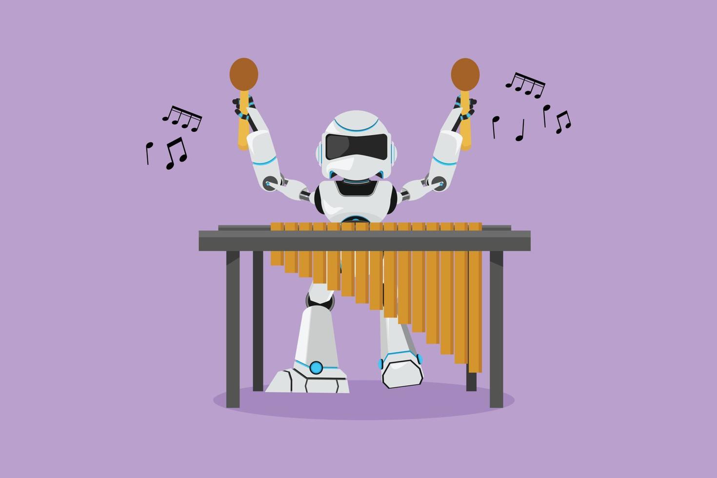 Character flat drawing active robot percussion player play marimba at music folk festival. Robotic musician artificial intelligence. Electronic technology industry. Cartoon design vector illustration