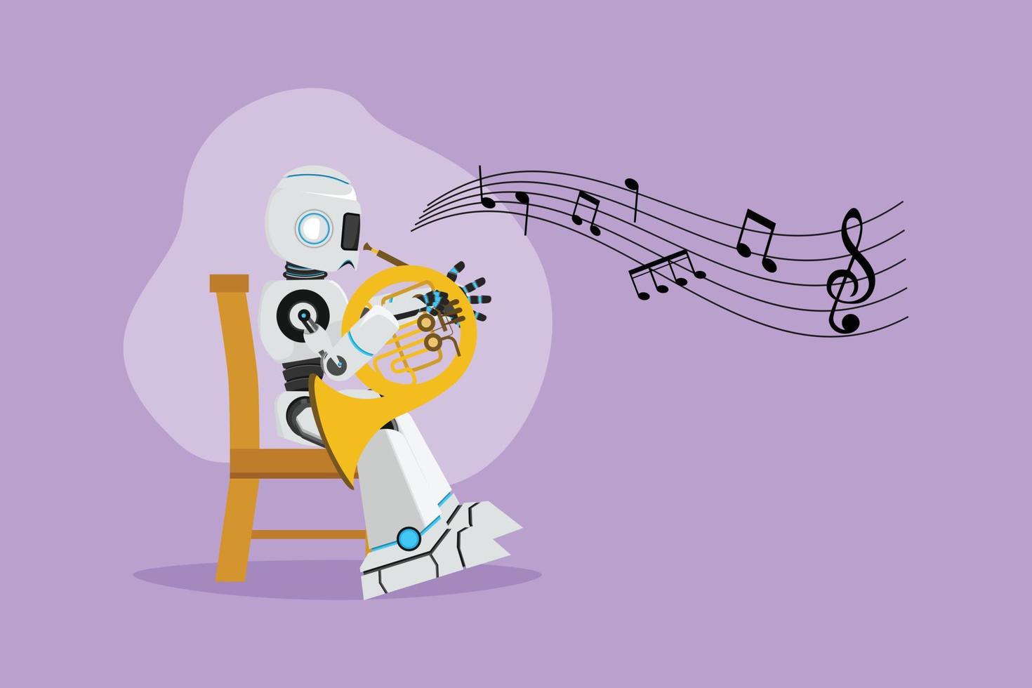 dibujo de diseño plano gráfico músico robot moderno interpreta en melodía clásica en cuerno. instrumento de latón instrumentista. carácter de organismo cibernético robótico humanoide. ilustración vectorial de estilo de dibujos animados vector
