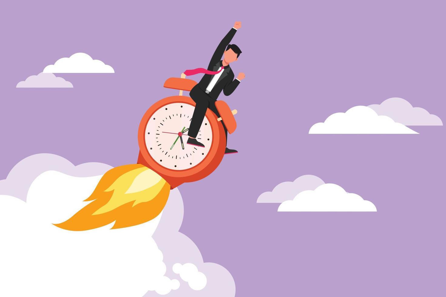 Character flat drawing of businessman riding alarm clock rocket ship with fire, clouds. Time, watch, limited offer, deadline symbol. Time to work. Countdown shuttle. Cartoon design vector illustration