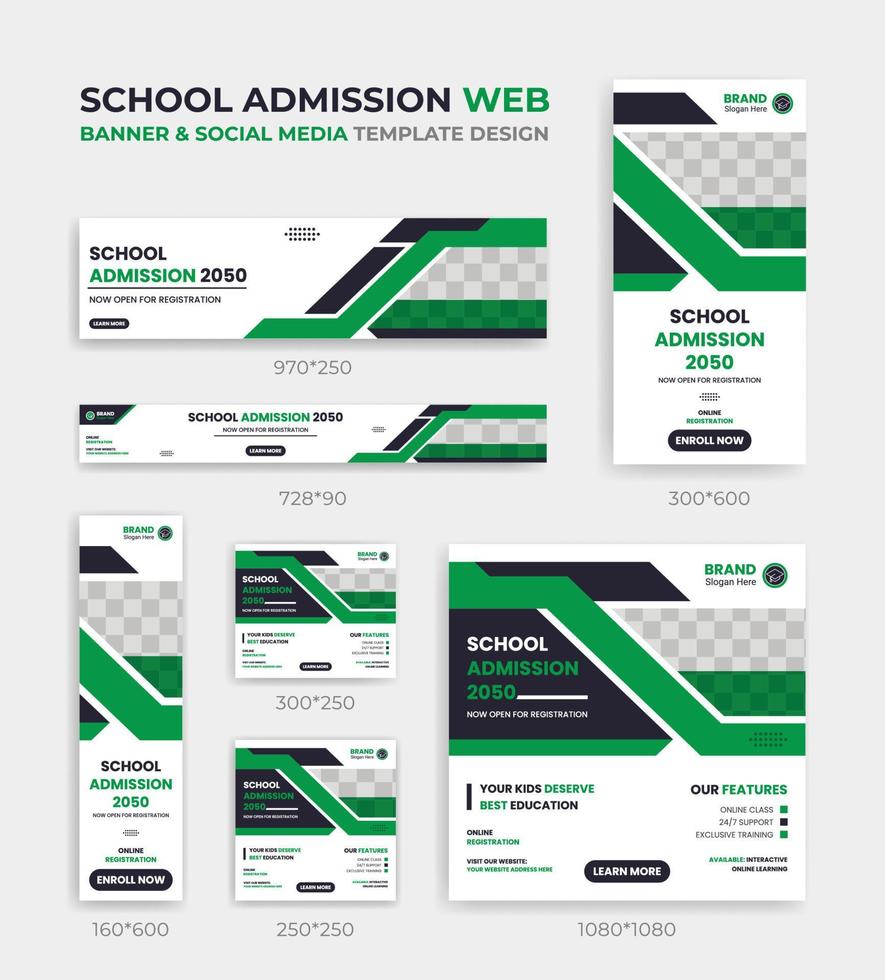 diseño de portada de admisión a la educación escolar paquete de banner web y redes sociales conjunto de plantilla vertical, horizontal y cuadrada de tamaño estándar. vector