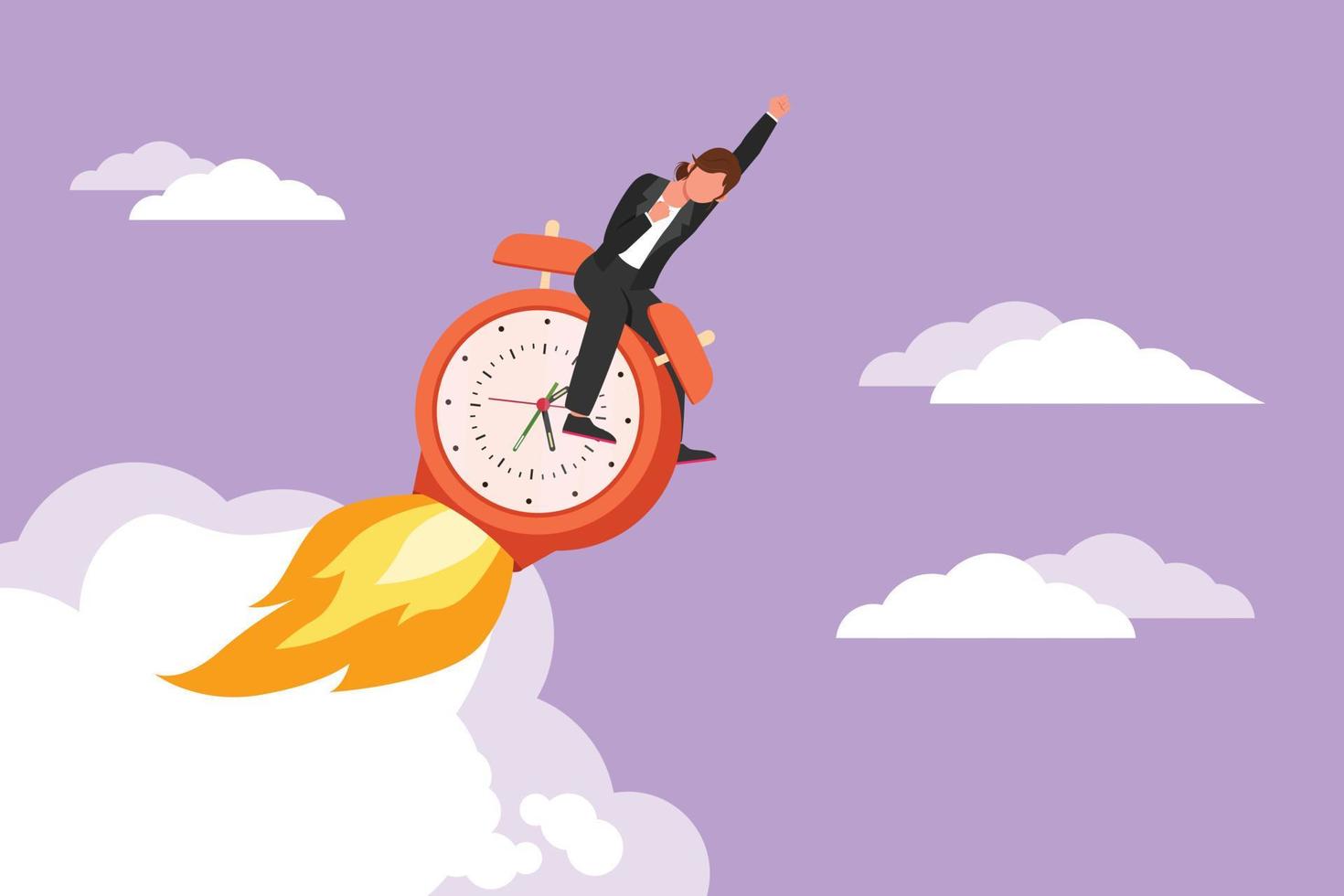 Graphic flat design drawing of businesswoman riding alarm clock rocket ship with fire, clouds. Time to work, watch, limited offer, deadline symbol. Countdown shuttle. Cartoon style vector illustration