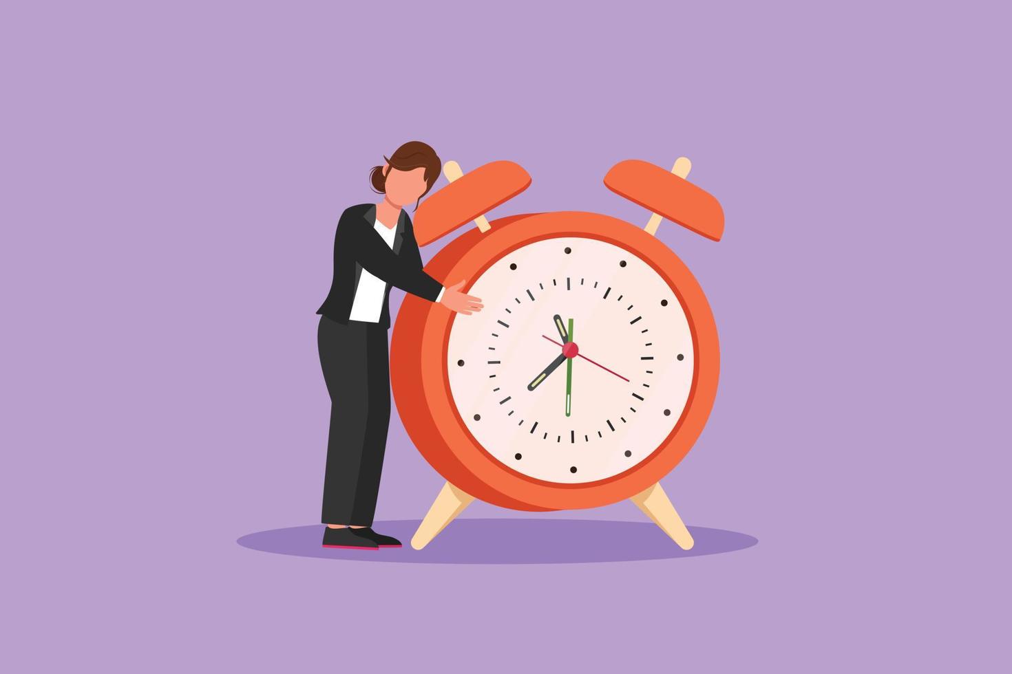 personaje plano dibujo bonita mujer de negocios, gerente o empleado de pie y abrazando un gran reloj. concepto de gestión del tiempo. hora, reloj, hora de trabajar. metáfora empresarial. ilustración vectorial de diseño de dibujos animados vector