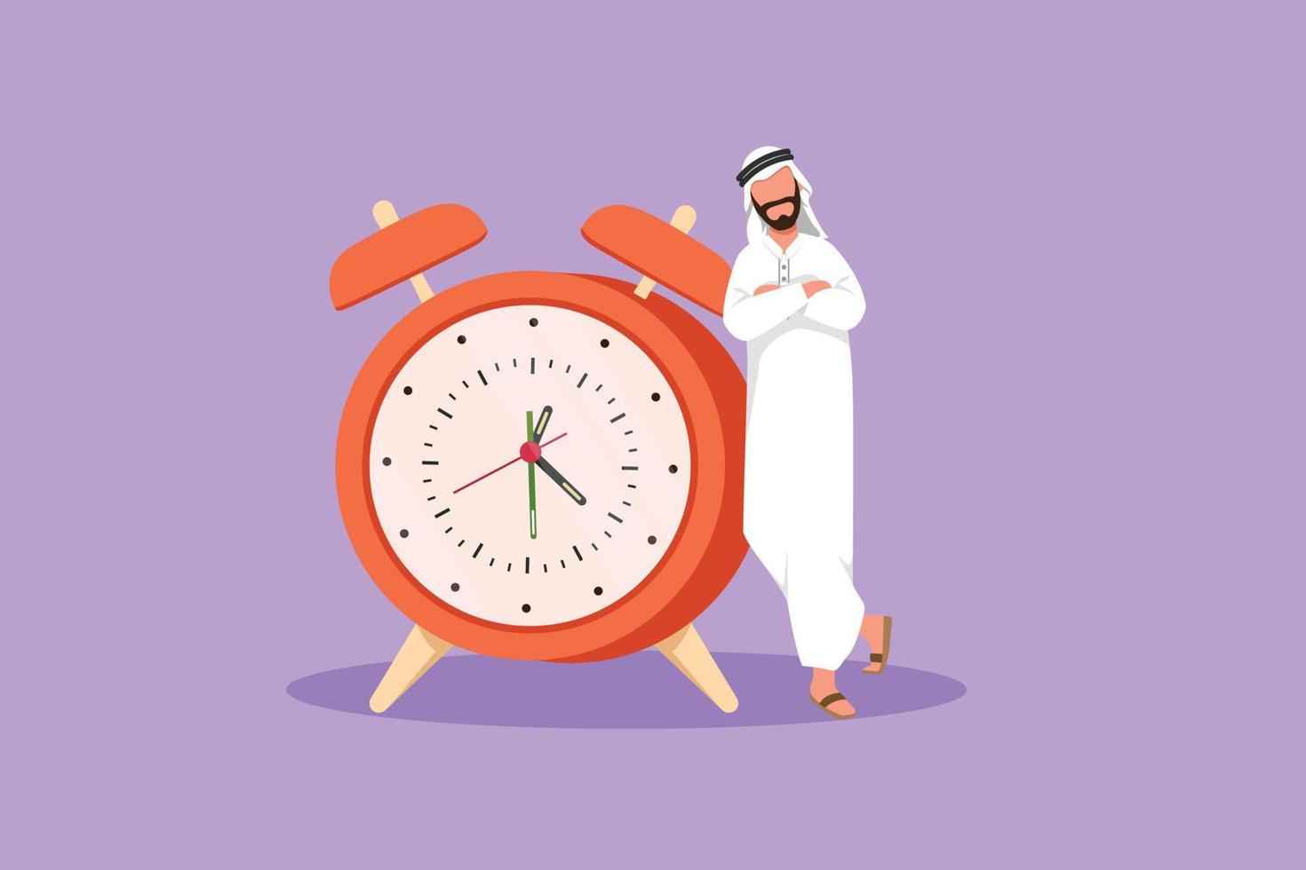 Graphic flat design drawing Arabian businessman, manager or employee stand leaning to big clock. Time management. Watch, limited offer, deadline. Business metaphor. Cartoon style vector illustration