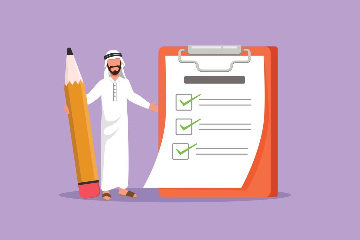 Graphic flat design drawing happy attractive Arabian businessman standing with huge pencil, clipboard, checklist completed. Business success completed plan concept. Cartoon style vector illustration