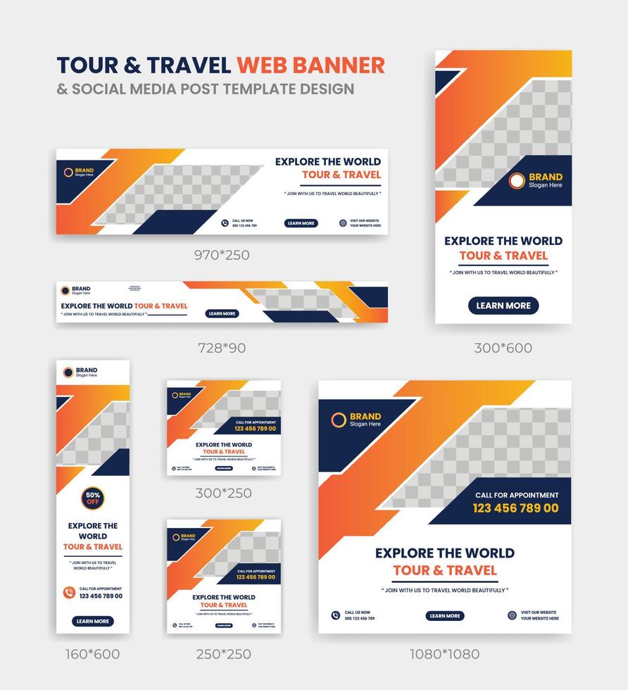 banner web de viajes y viajes conjunto de plantillas de diseño de publicaciones en redes sociales banners verticales, horizontales y cuadrados con tamaño estándar. vector