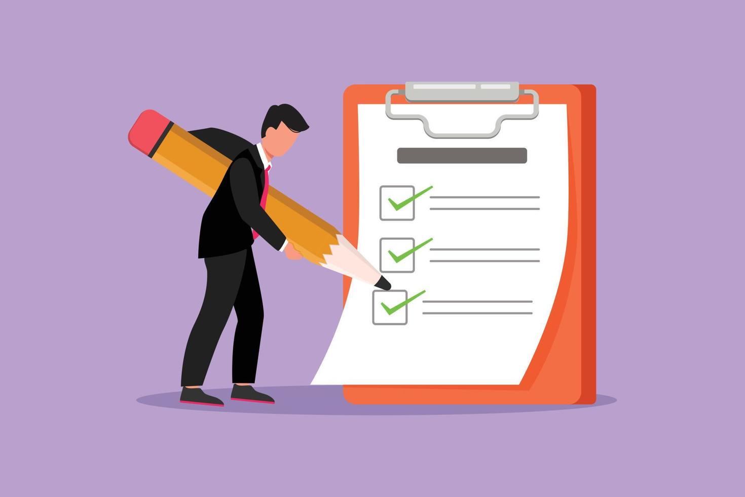 Character flat drawing active businessman standing and mark checklist with huge pencil. Person completion business task. Goal achievements planning schedule concept. Cartoon design vector illustration