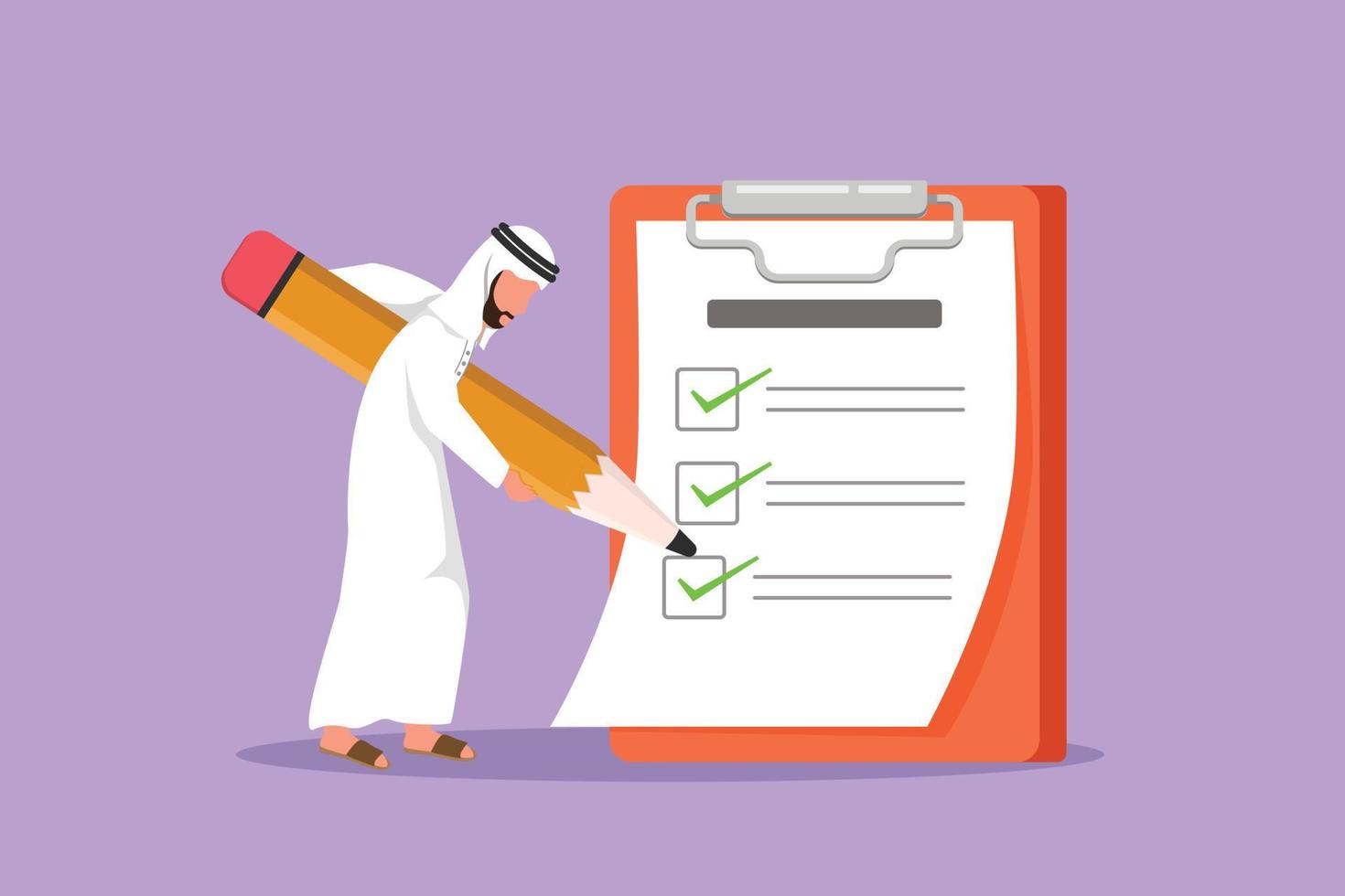 Cartoon flat style drawing active Arabian businessman mark checklist with pen. Person completion business task. Goal achievement planning schedule concept. Graphic design character vector illustration