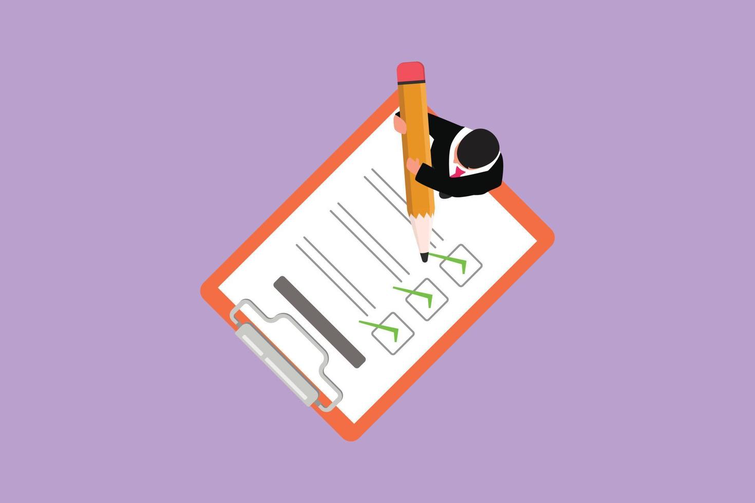 Character flat drawing top view of active businessman writes completed checklist on clipboard. Concept of successful completion of tasks. Effective daily planning. Cartoon design vector illustration