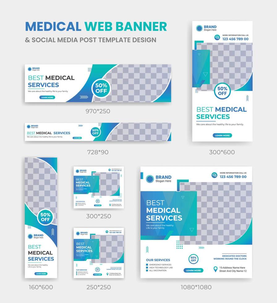 banner web de salud médica y diseño de plantilla de publicación en redes sociales tamaño cuadrado y horizontal vector