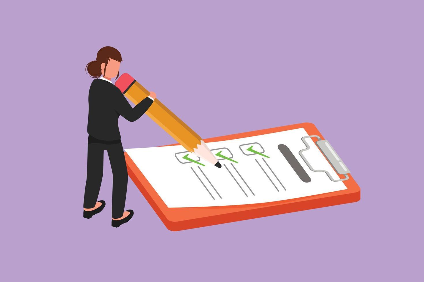 Cartoon flat style drawing cute businesswoman filled out questionnaire on the floor. Woman standing near big checklist. Female with pencil writes test on clipboard. Graphic design vector illustration