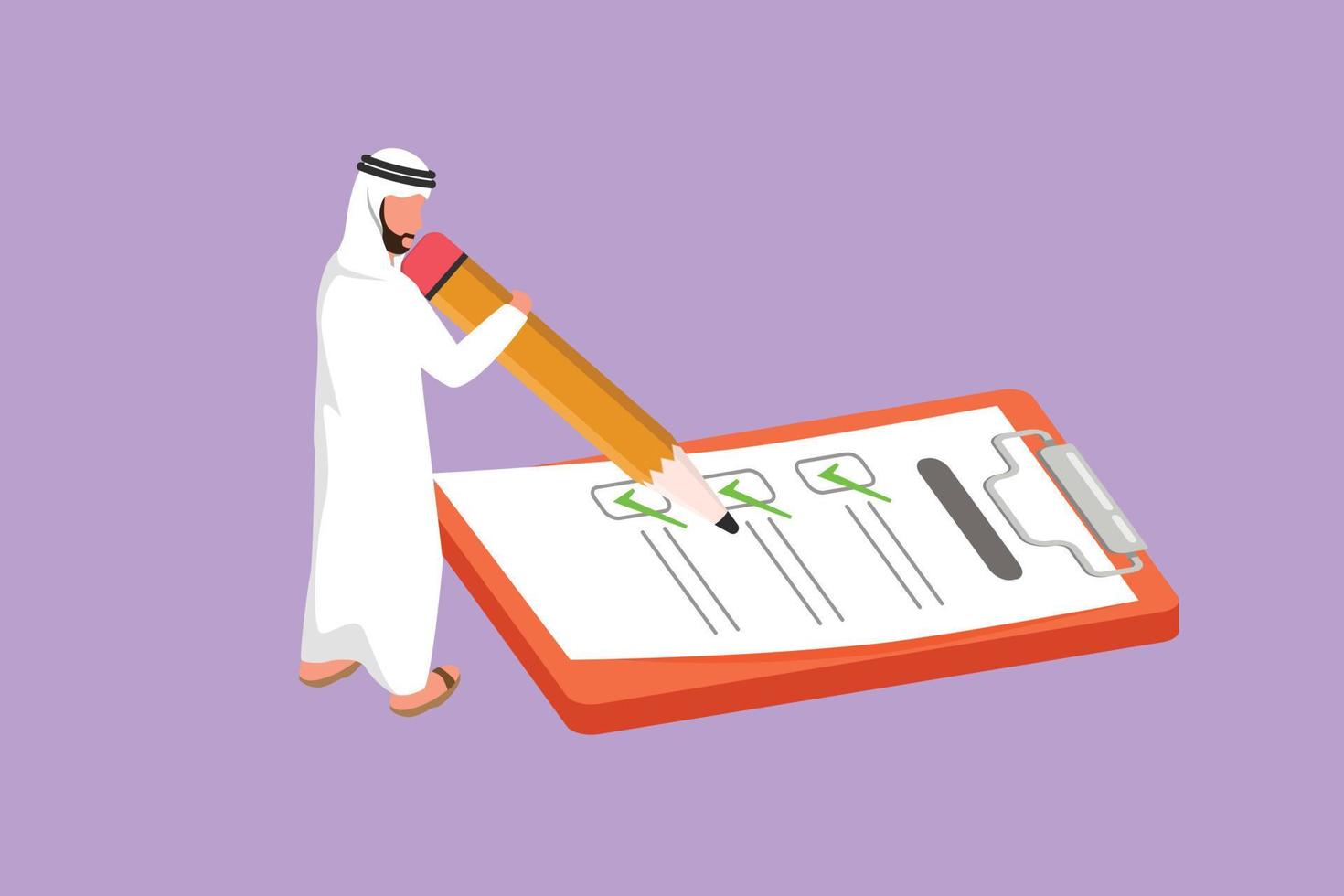Character flat drawing active Arabian businessman filled out questionnaire on the floor. Man standing near big checklist. Male with pencil writes test on clipboard. Cartoon design vector illustration