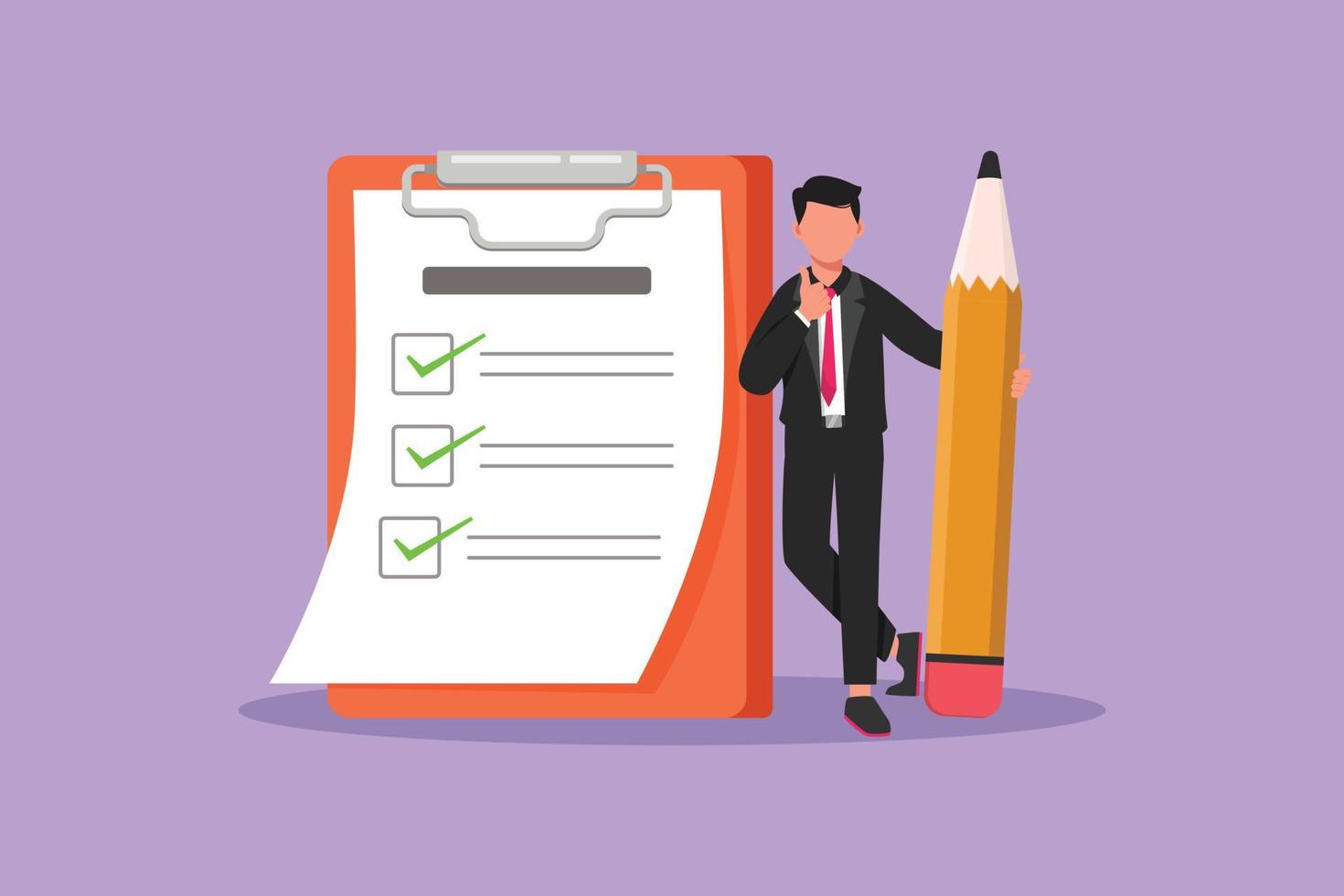 Character flat drawing businessman holding giant pencil and leaning at completed checklist on clipboard. Effective planning and time management. Business metaphor. Cartoon design vector illustration