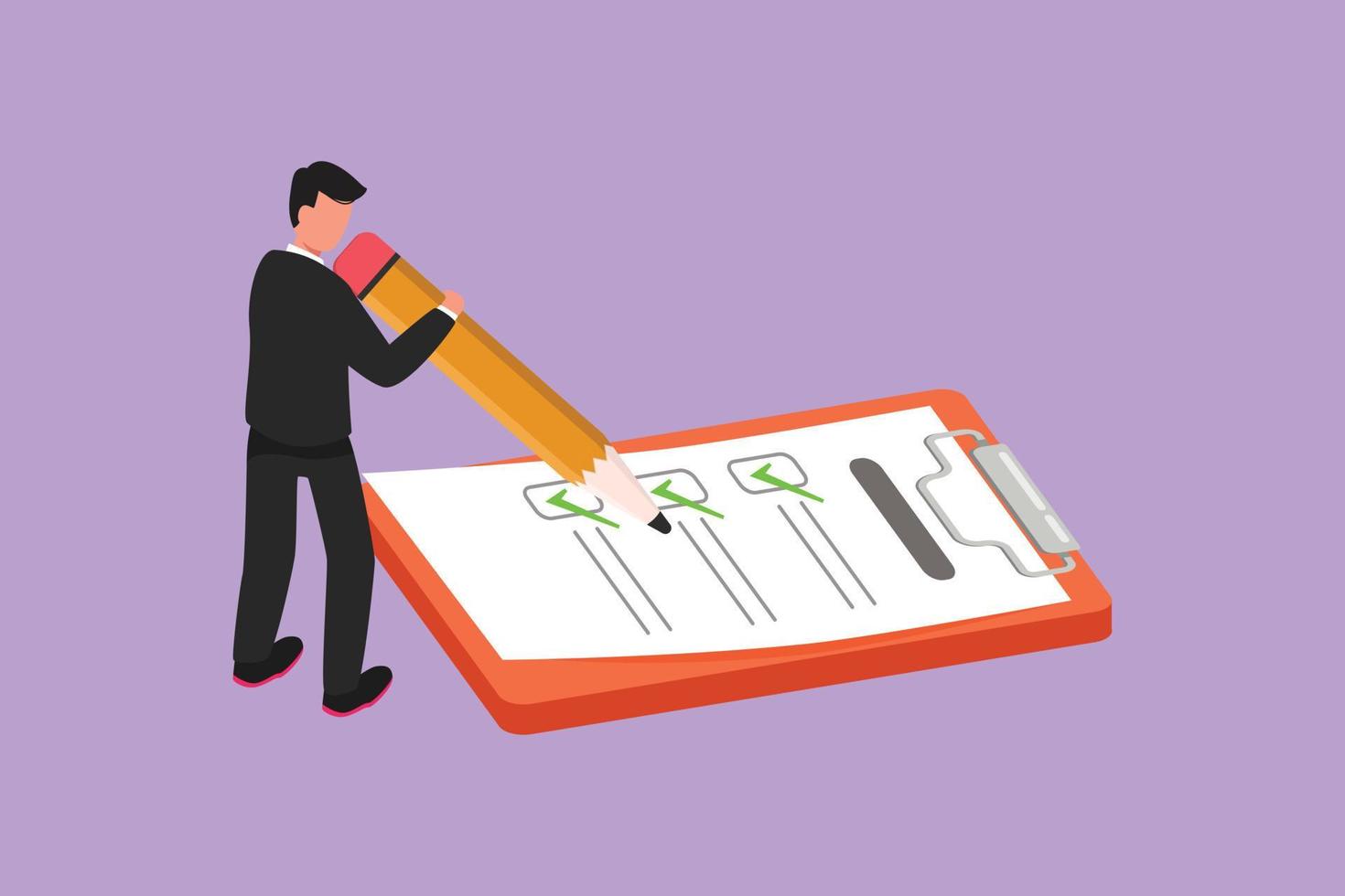 Cartoon flat style drawing businessman filled out questionnaire on the floor. Guy with pencil writes test. Man standing near big checklist. Male writes on clipboard. Graphic design vector illustration