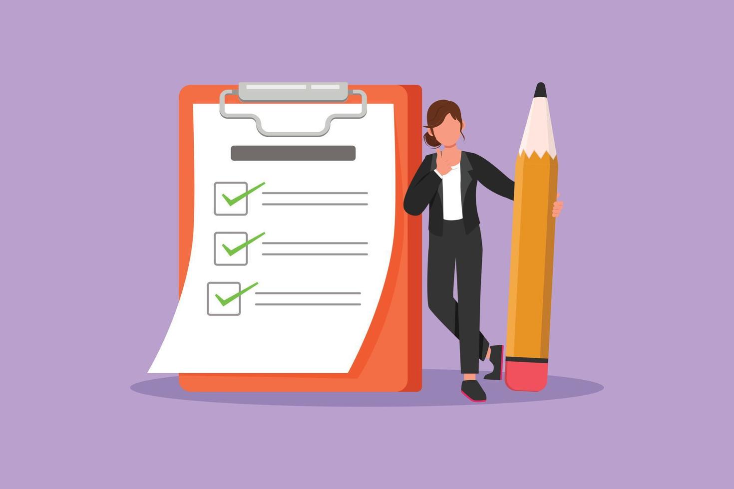Graphic flat design drawing businesswoman holding big pencil and leaning at completed checklist on clipboard. Effective planning, time management. Business metaphor. Cartoon style vector illustration