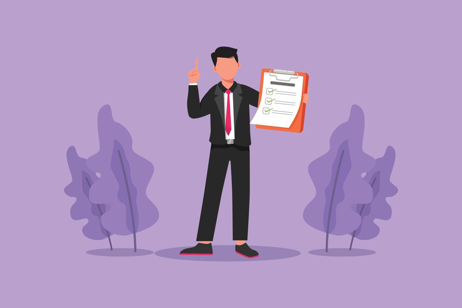 Character flat drawing smart businessman standing, holding clipboard and pointing index finger up. Attractive person keeping file pad in hand. Success business idea. Cartoon design vector illustration
