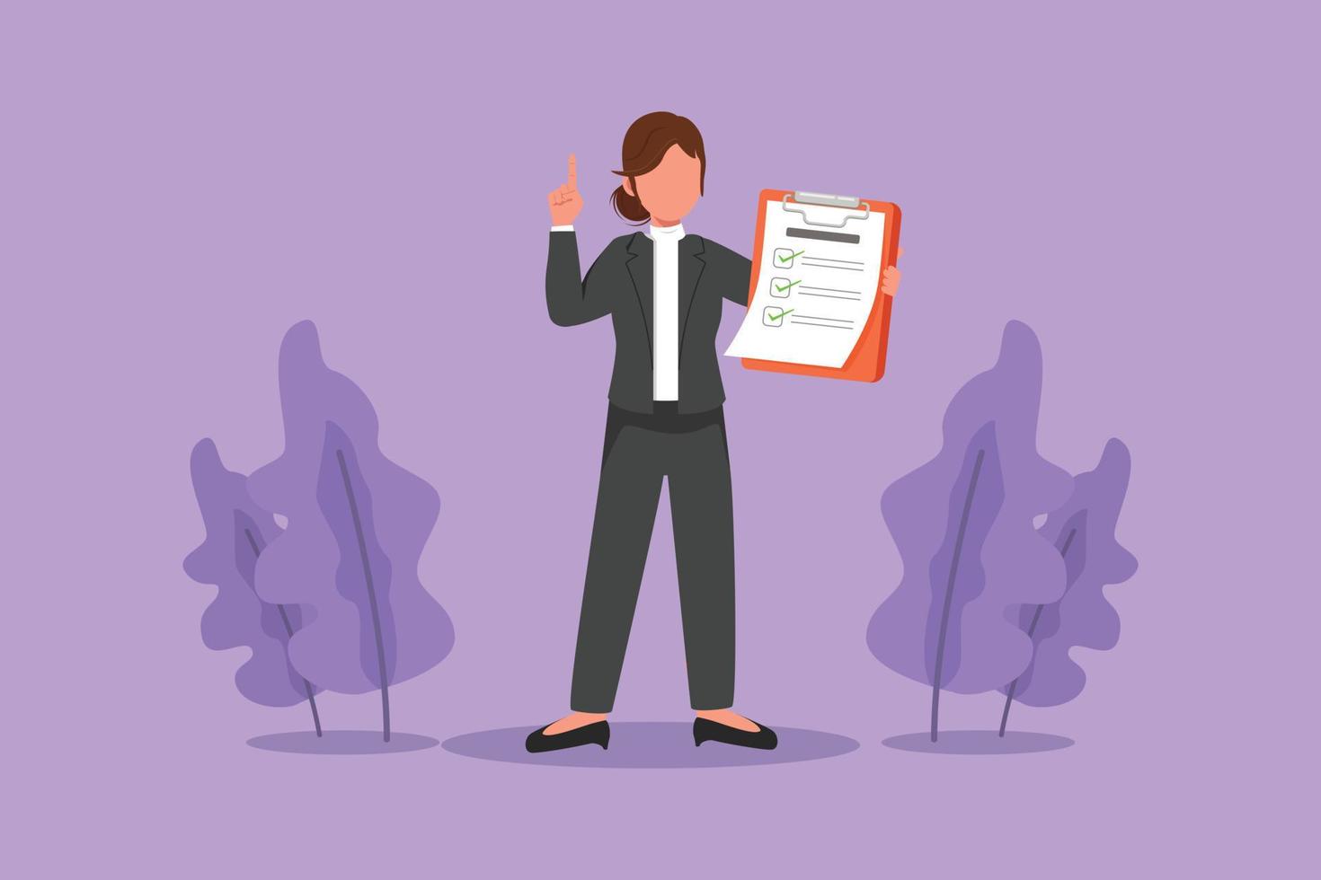 Graphic flat design drawing of businesswoman standing, holding clipboard and pointing index finger up. Person keeping file pad in hand. Success business idea concept. Cartoon style vector illustration