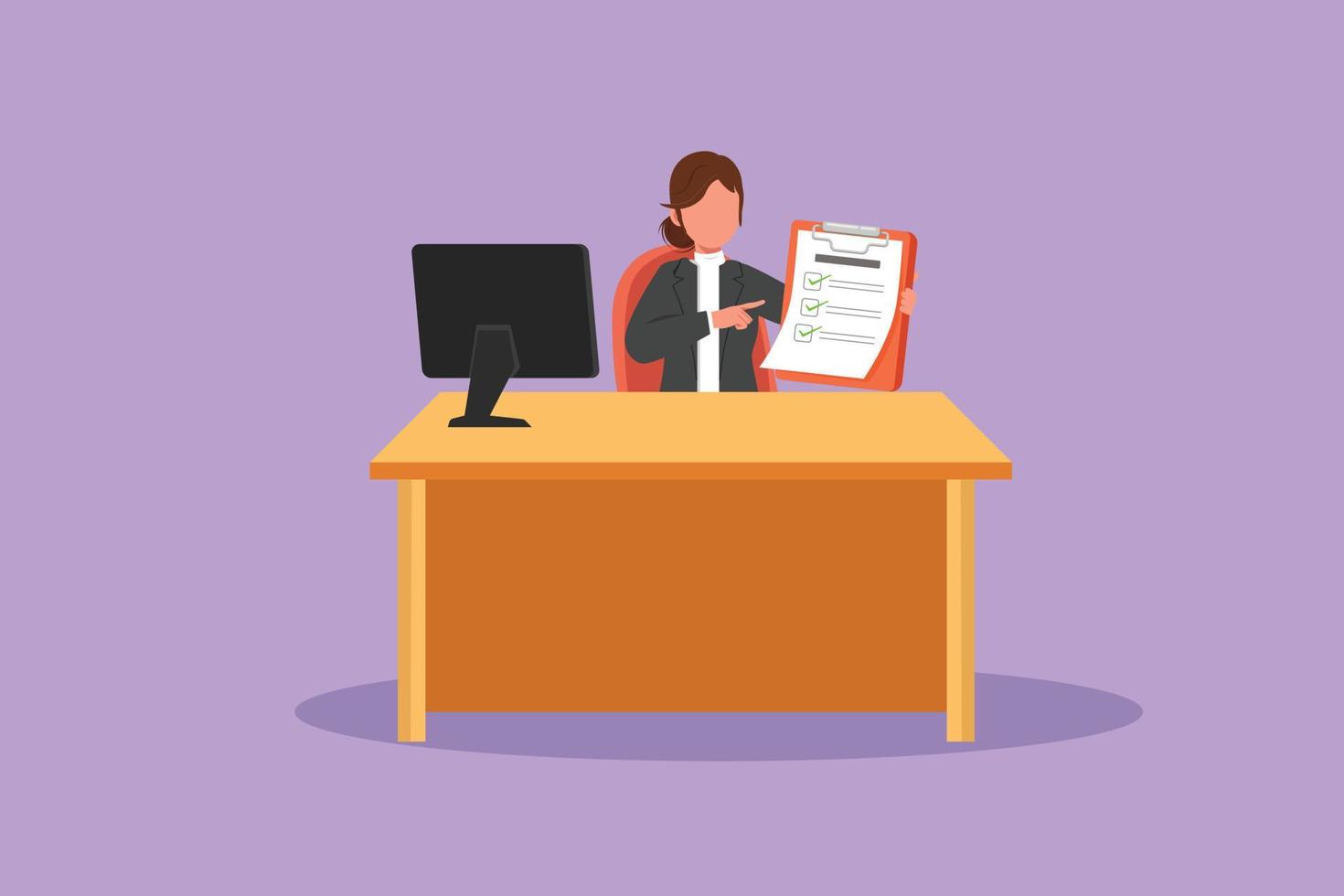 Cartoon flat style drawing smiling banking clerk showing bank credit, loan contract or mortgage agreement sitting at desk with computer. Pretty businesswoman lender. Graphic design vector illustration