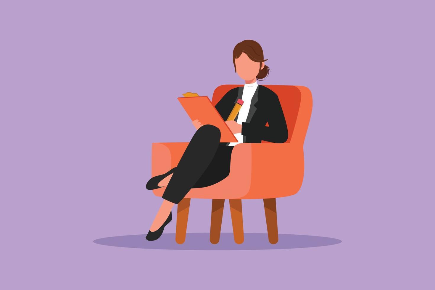 Cartoon flat style drawing businesswoman writing on clipboard. Female executive sitting in armchair. Woman taking note. Psychology consultation. Business successful. Graphic design vector illustration