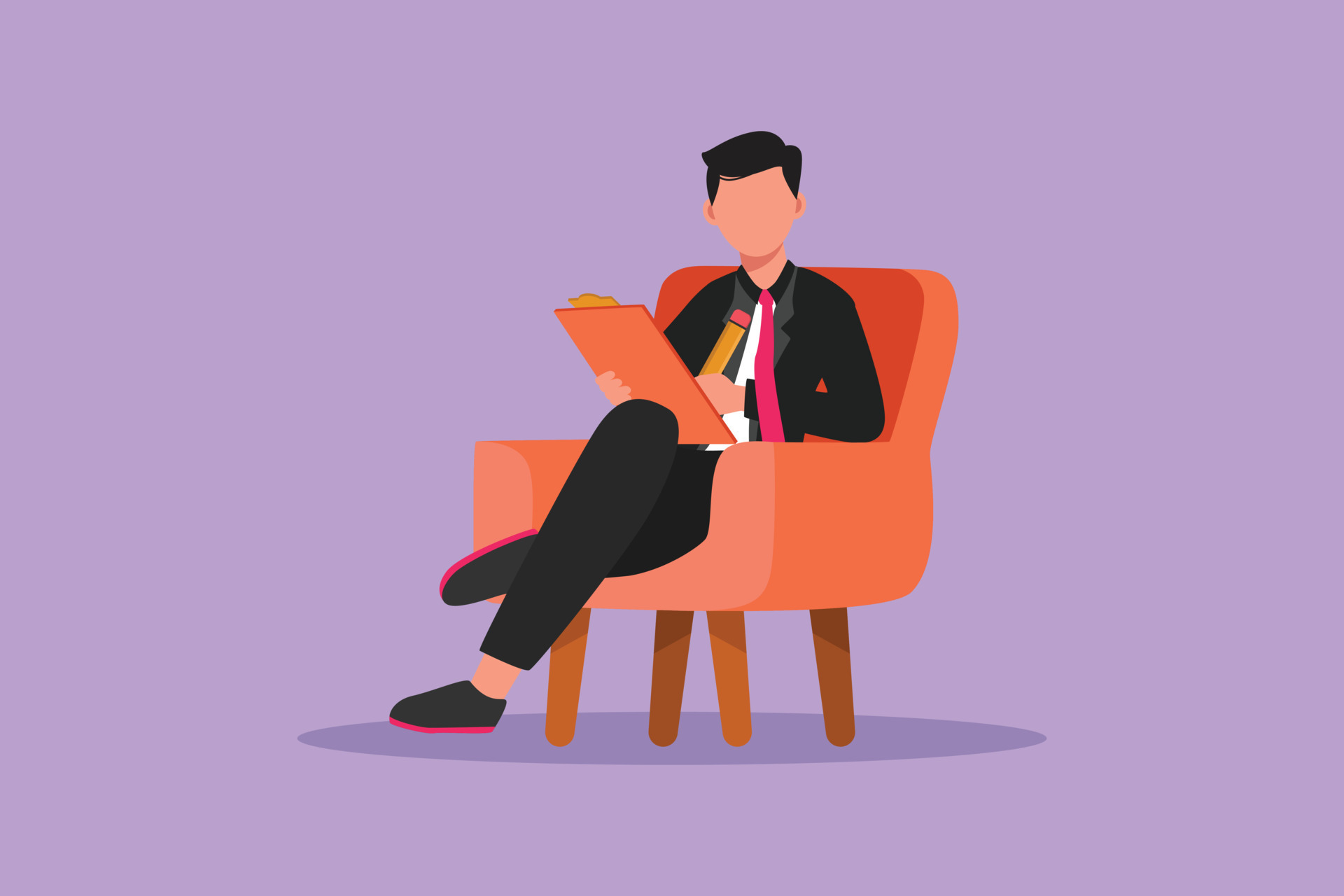 Character flat drawing businessman writing on clipboard. Male executive  sitting in armchair. Man taking notes. Psychology consultation. Business  successful. Cartoon graphic design vector illustration 12587072 Vector Art  at Vecteezy