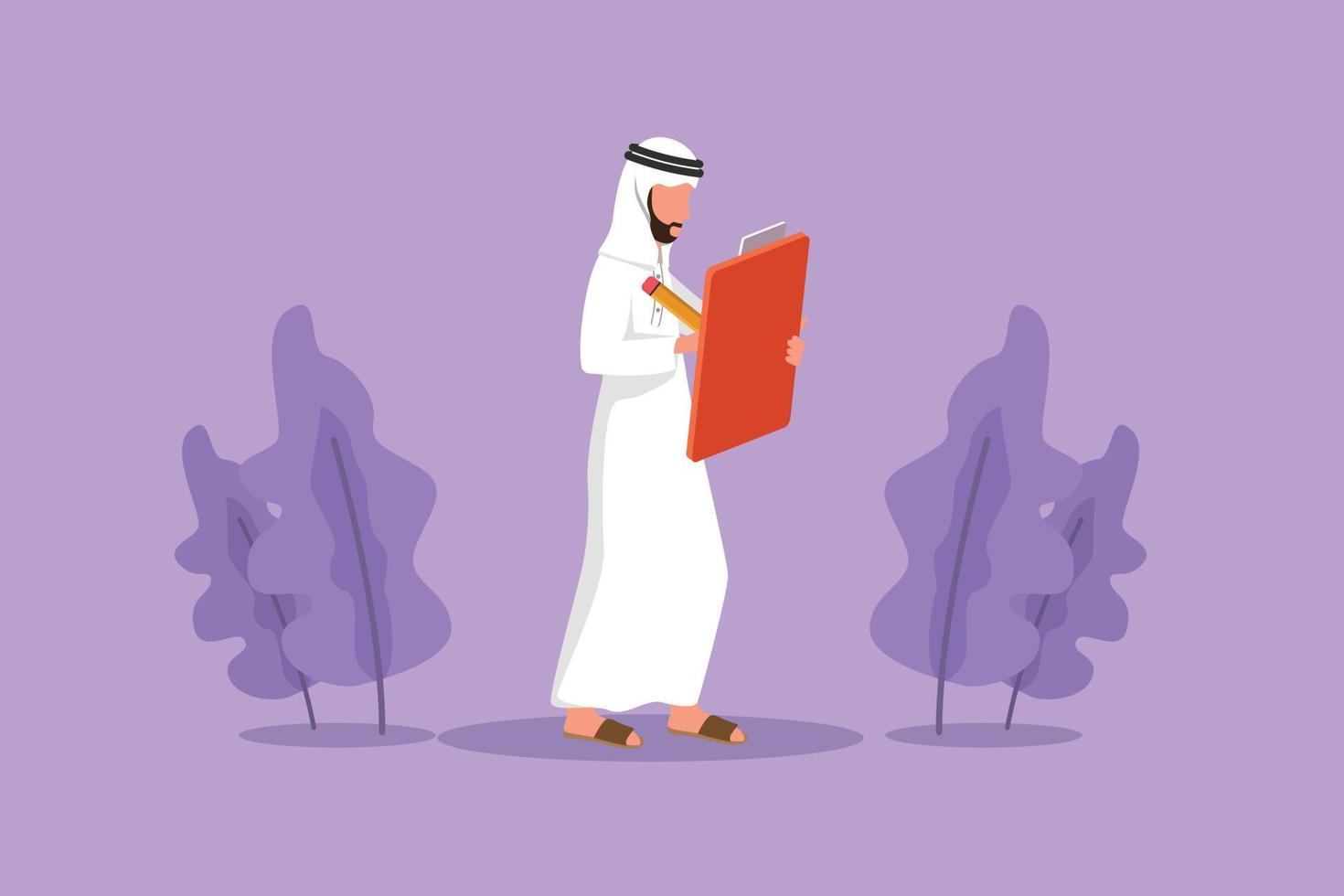 Graphic flat design drawing Arab businessman standing and writing with clipboard. Office manager assisting and completed tasks on paper document. Business successful. Cartoon style vector illustration