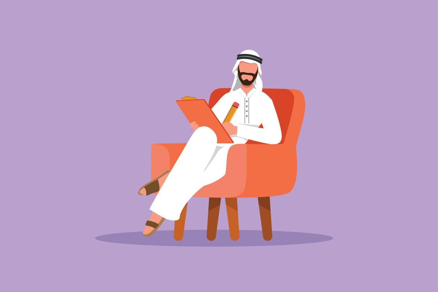 Graphic flat design drawing Arab businessman writing on clipboard. Male executive sitting in armchair. Man taking notes. Psychology consultation. Business successful. Cartoon style vector illustration