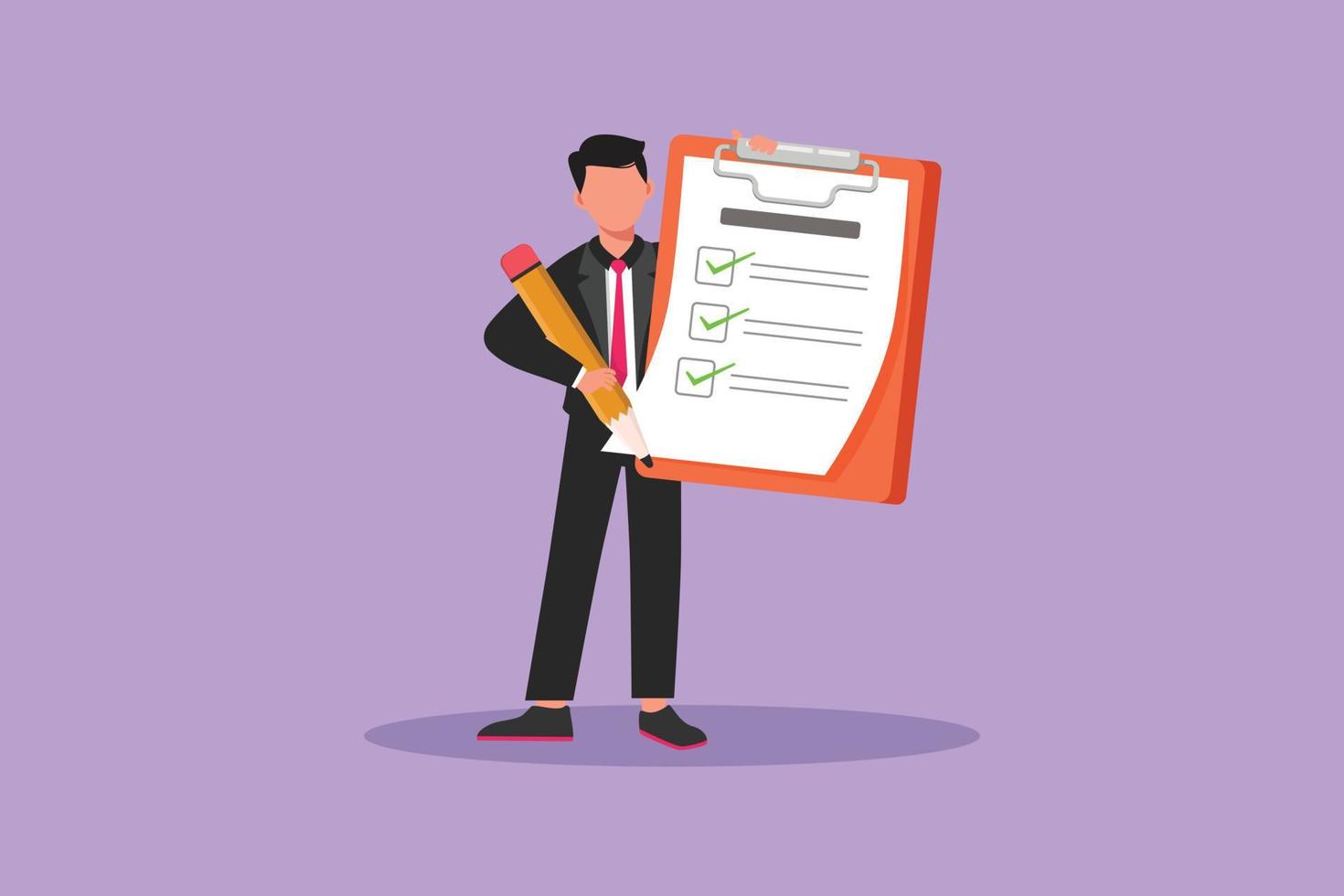 Cartoon flat style drawing active businessman standing and holding big clipboard with checklist. Business success completed plan. Goal achievement planning schedule. Graphic design vector illustration