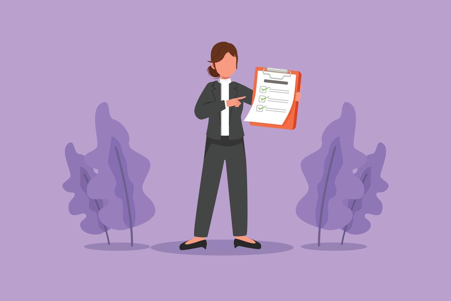 Graphic flat design drawing pretty businesswoman standing and pointing to checklist clipboard. Office worker in formal wear. Employee completed task, questionnaire. Cartoon style vector illustration