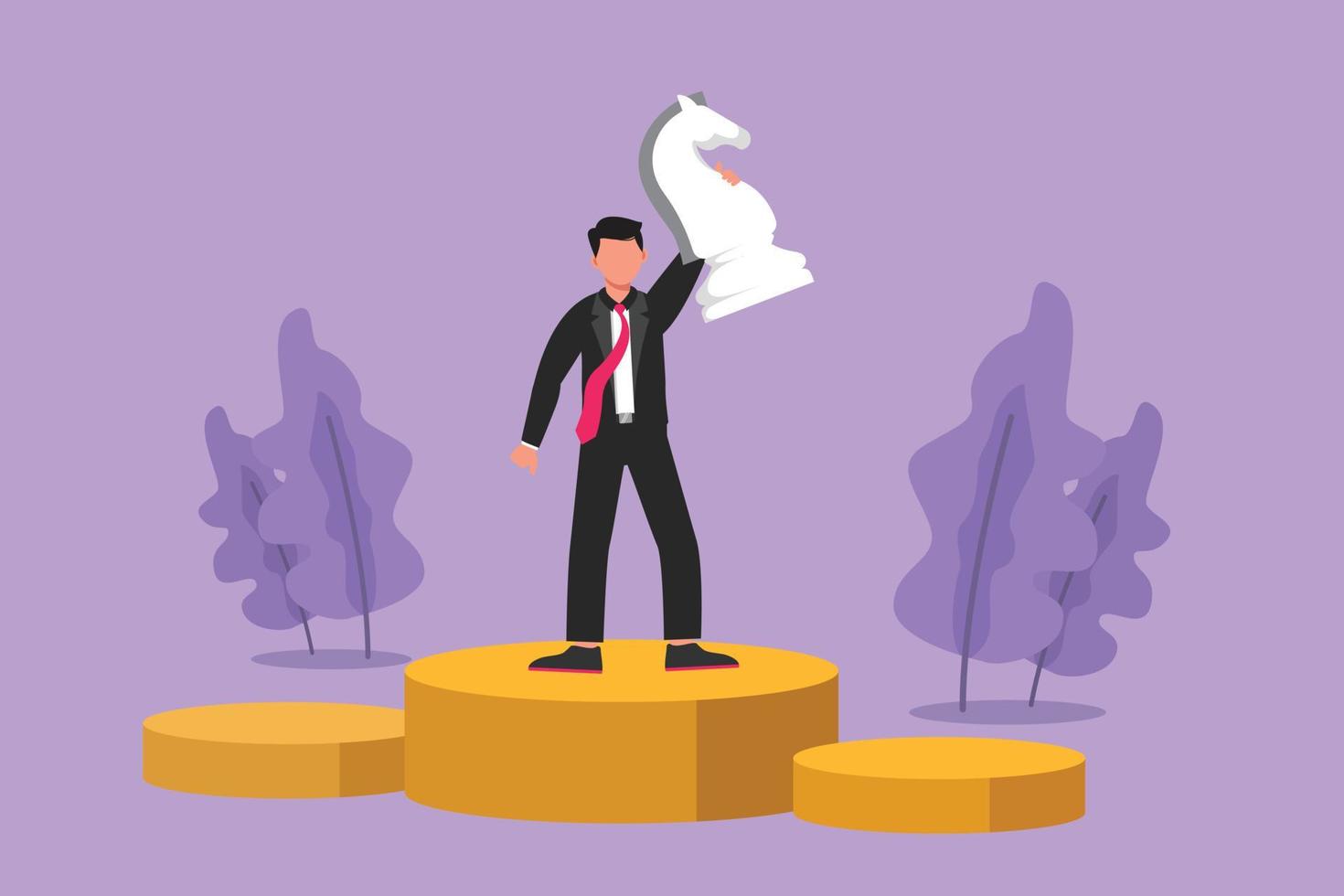 Cartoon flat style drawing competitive businessman holding, lifting knight chess piece. Successful entrepreneurship tactics, strategy, superiority in business goals. Graphic design vector illustration