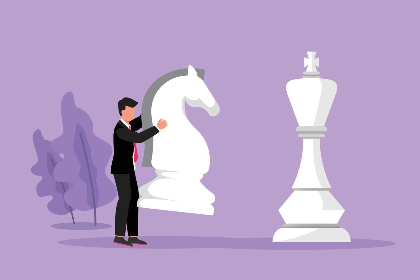 Cartoon flat style drawing businessman holding knight chess piece to beat king chess. Strategic planning, business development strategy, tactics in entrepreneurship. Graphic design vector illustration