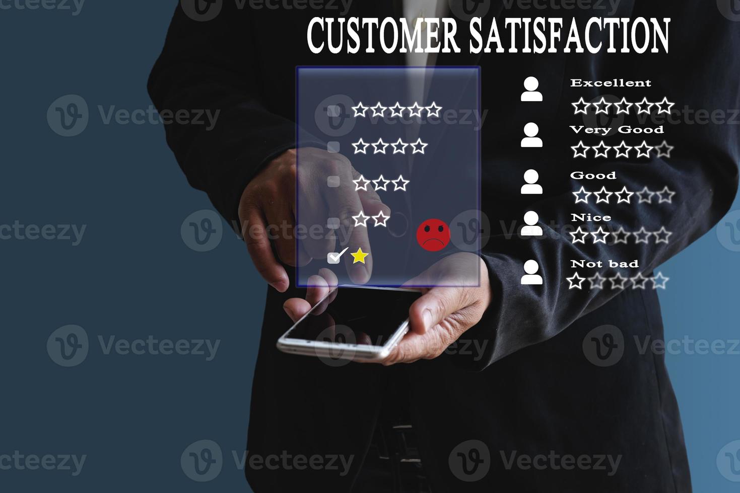 Customer Experience dissatisfied Concept, Unhappy Businessman Client with Sadness Emotion Face on smartphone screen, Bad review, bad service dislike bad quality, low rating, social media not good. photo