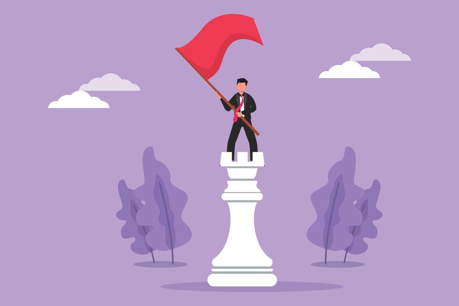 Cartoon flat style drawing of businessman standing on top of big rook chess and waving a flag. Successful leadership. Success business. Strategy winning competition. Graphic design vector illustration