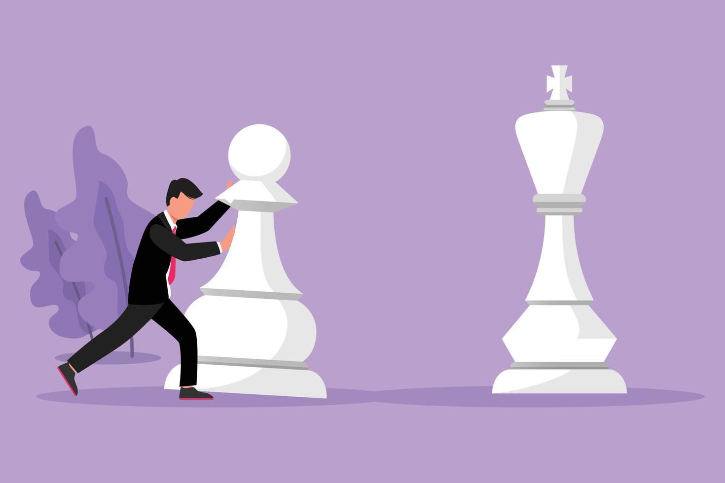 Character flat drawing young competitive businessman push huge pawn chess piece. Business strategy, goals target, marketing plan. Strategic move in business concept. Cartoon design vector illustration