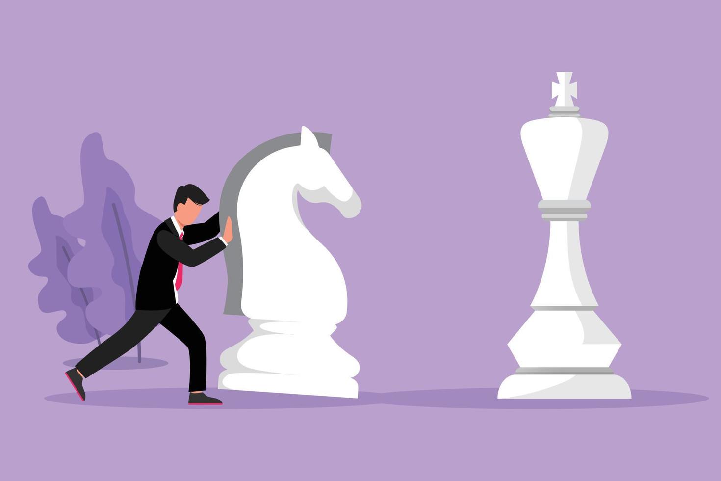 Cartoon flat style drawing competitive businessman push huge knight chess piece to beat king. Business strategy, marketing plan. Strategic move in business concept. Graphic design vector illustration