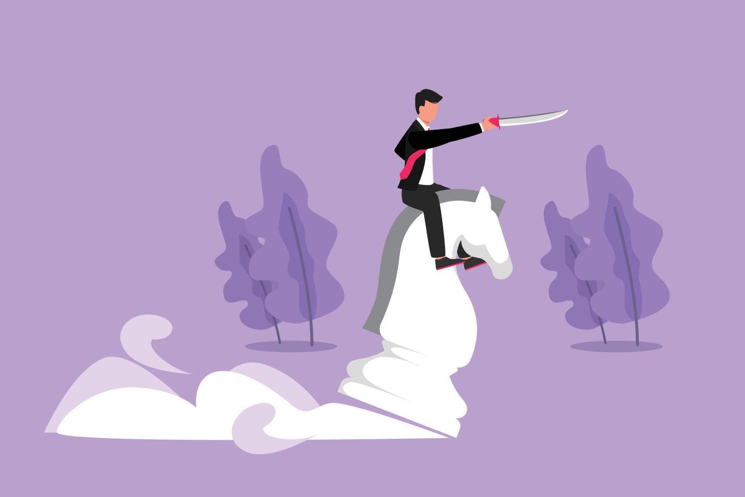 Graphic flat design drawing competitive businessman riding big chess horse knight with sword. Idea, business strategy, winning competition, achievement goal concept. Cartoon style vector illustration