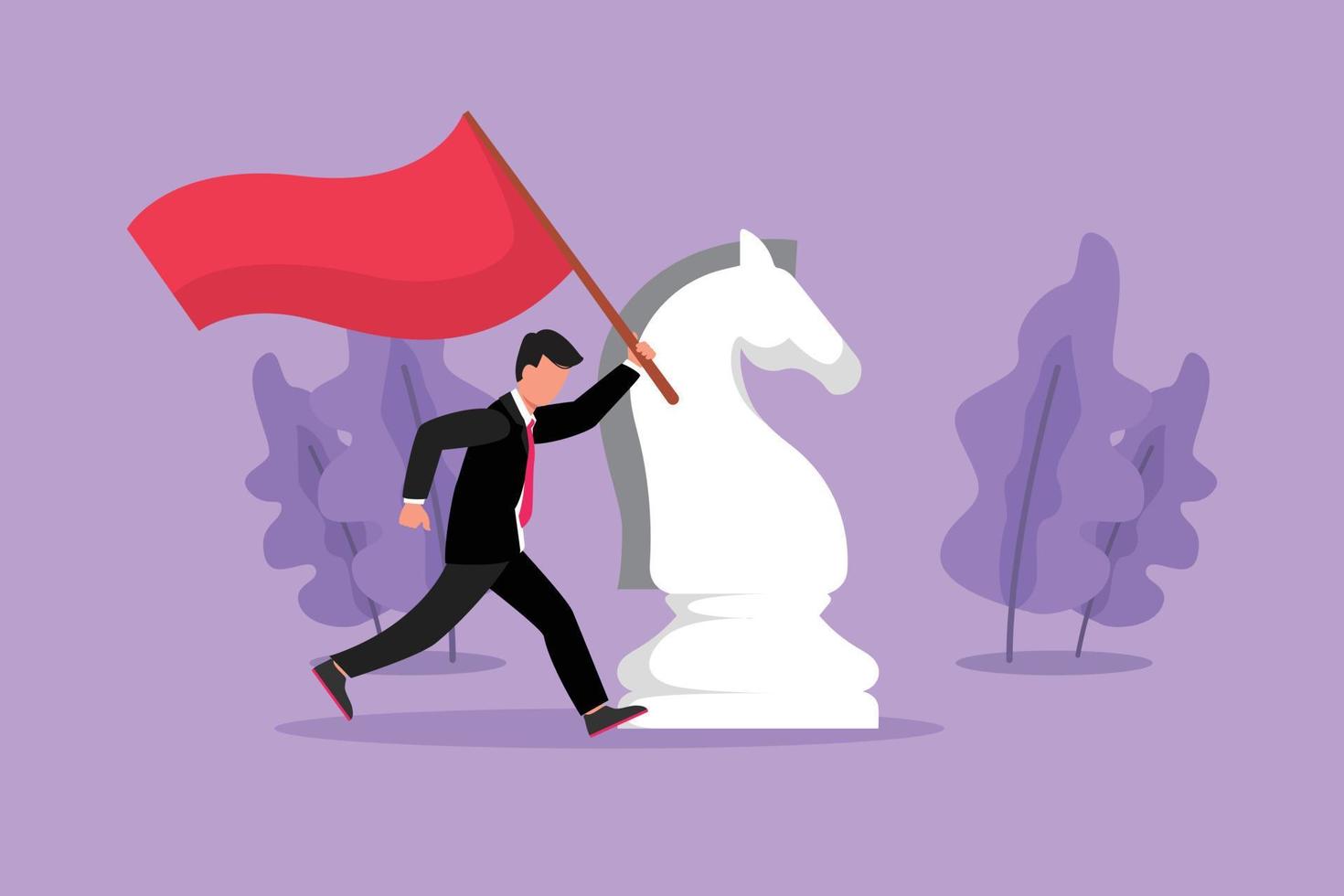 Graphic flat design drawing of happy businessman running and holding flag beside big horse knight chess. Business achievement goal, win competition. Metaphor concept. Cartoon style vector illustration