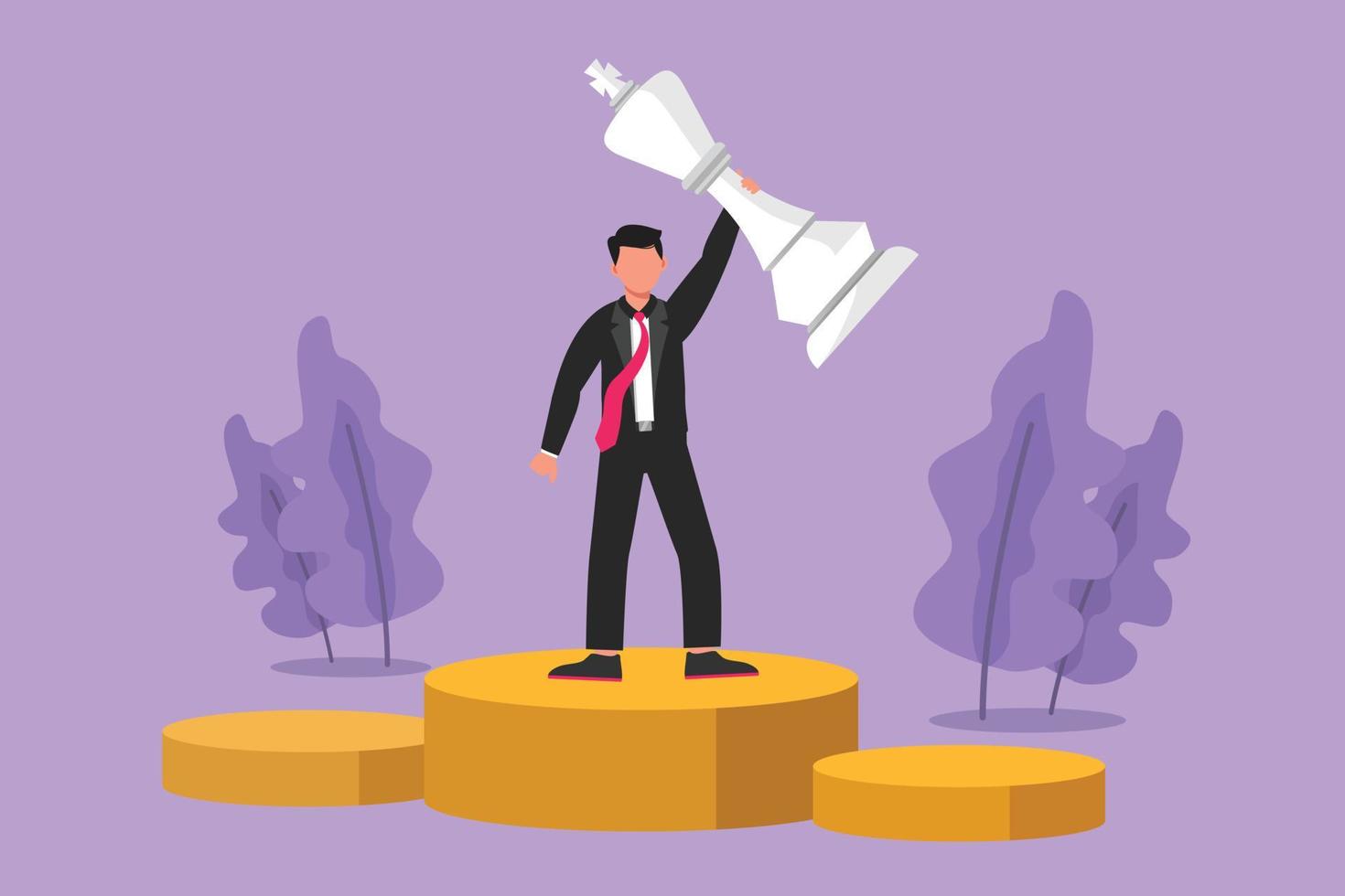 Character flat drawing happy businessman holding, lifting king chess piece. Successful entrepreneurship tactic or strategy, superiority in business. Win competition. Cartoon design vector illustration