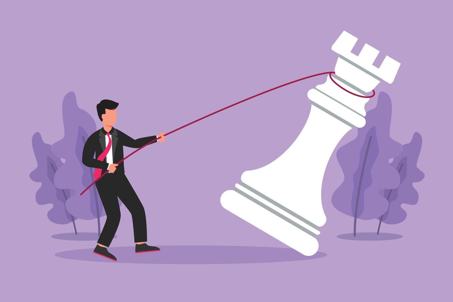 Cartoon flat style drawing young motivation businessman pulling big rook chess with rope. Business achievement goal, idea, strategy, competitive, strategic concept. Graphic design vector illustration